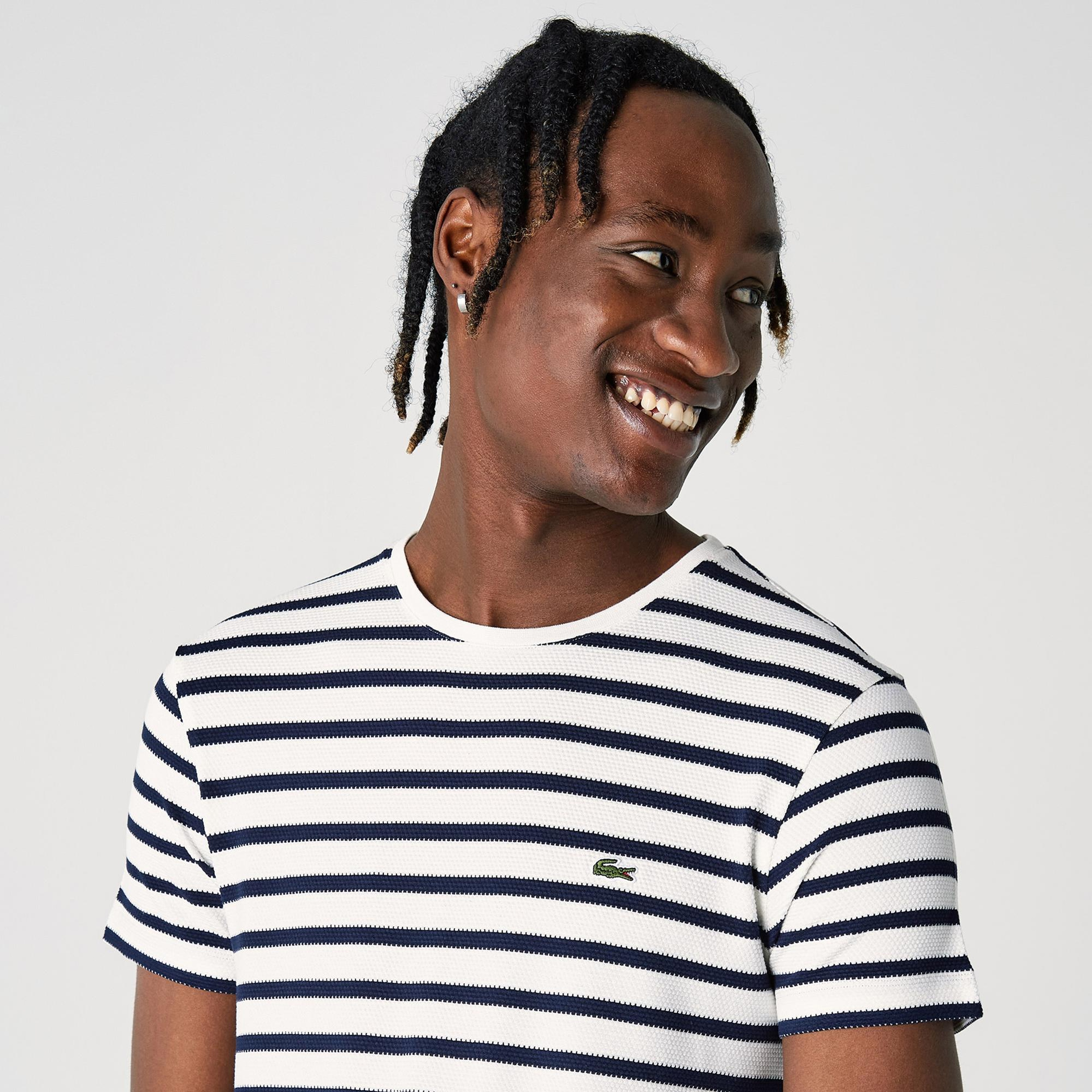Lacoste Erkek Slim Fit Bisiklet Yaka Çizgili Beyaz T-Shirt