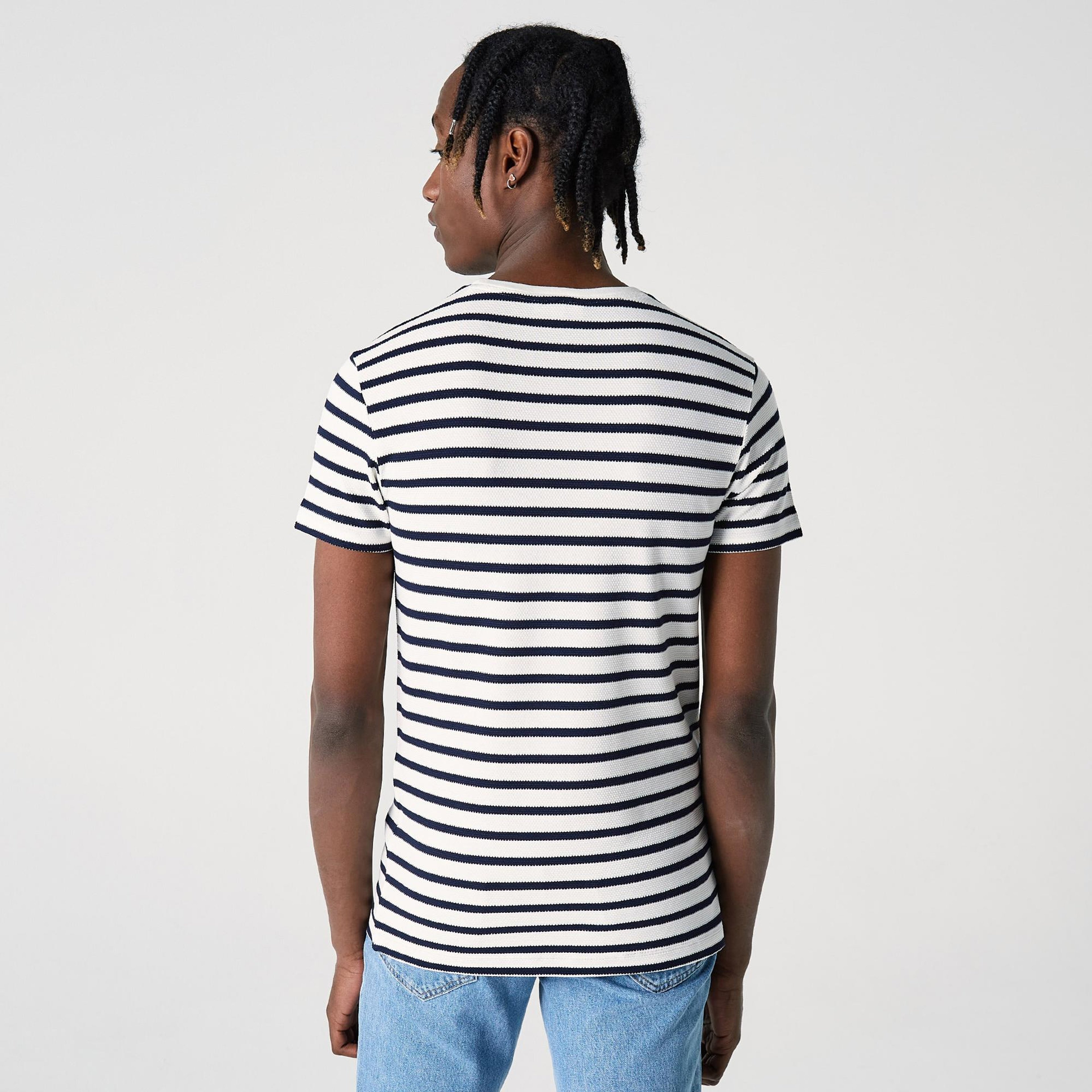 Lacoste Erkek Slim Fit Bisiklet Yaka Çizgili Beyaz T-Shirt