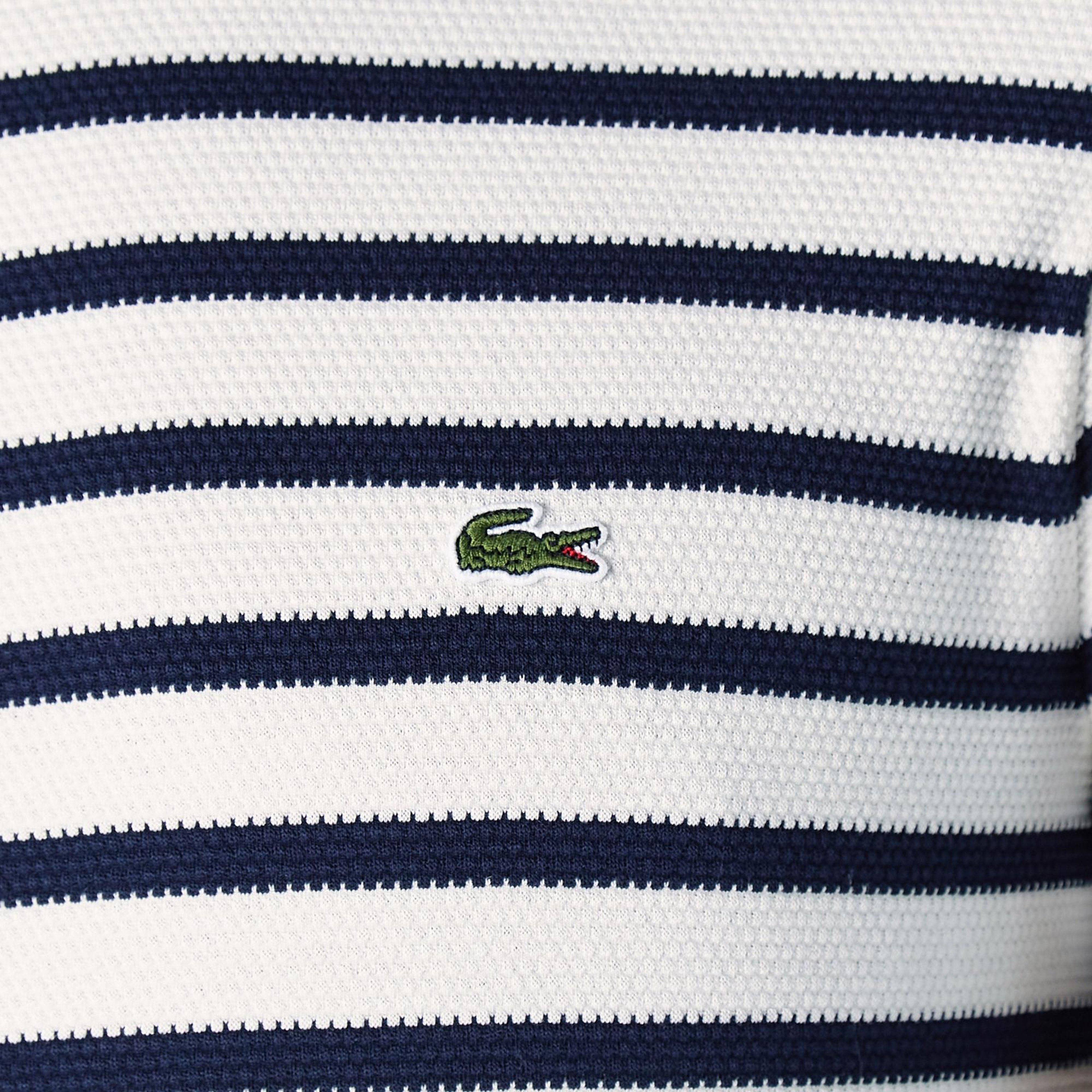 Lacoste Erkek Slim Fit Bisiklet Yaka Çizgili Beyaz T-Shirt