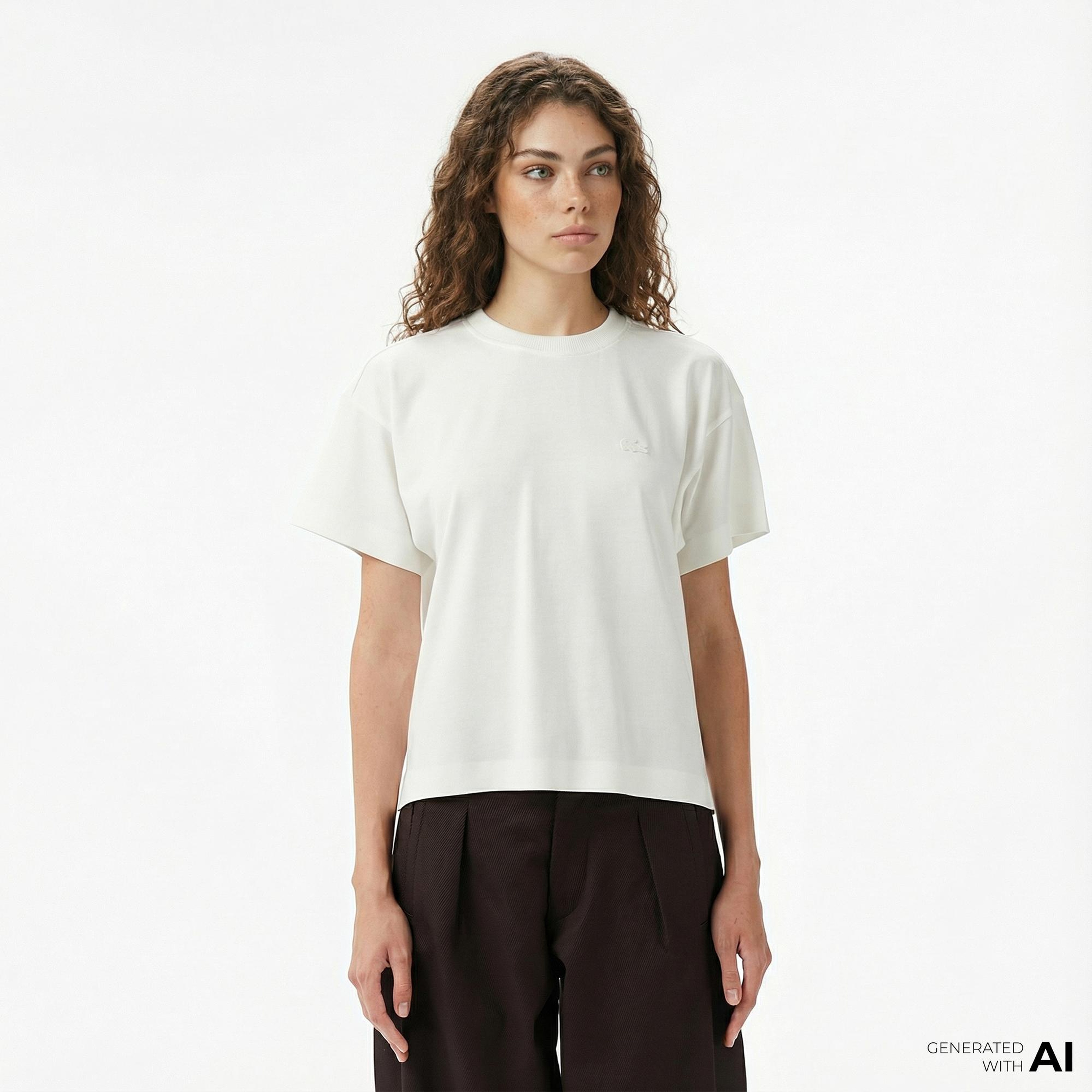 Lacoste Kadın Loose Fit Bisiklet Yaka Beyaz T-Shirt