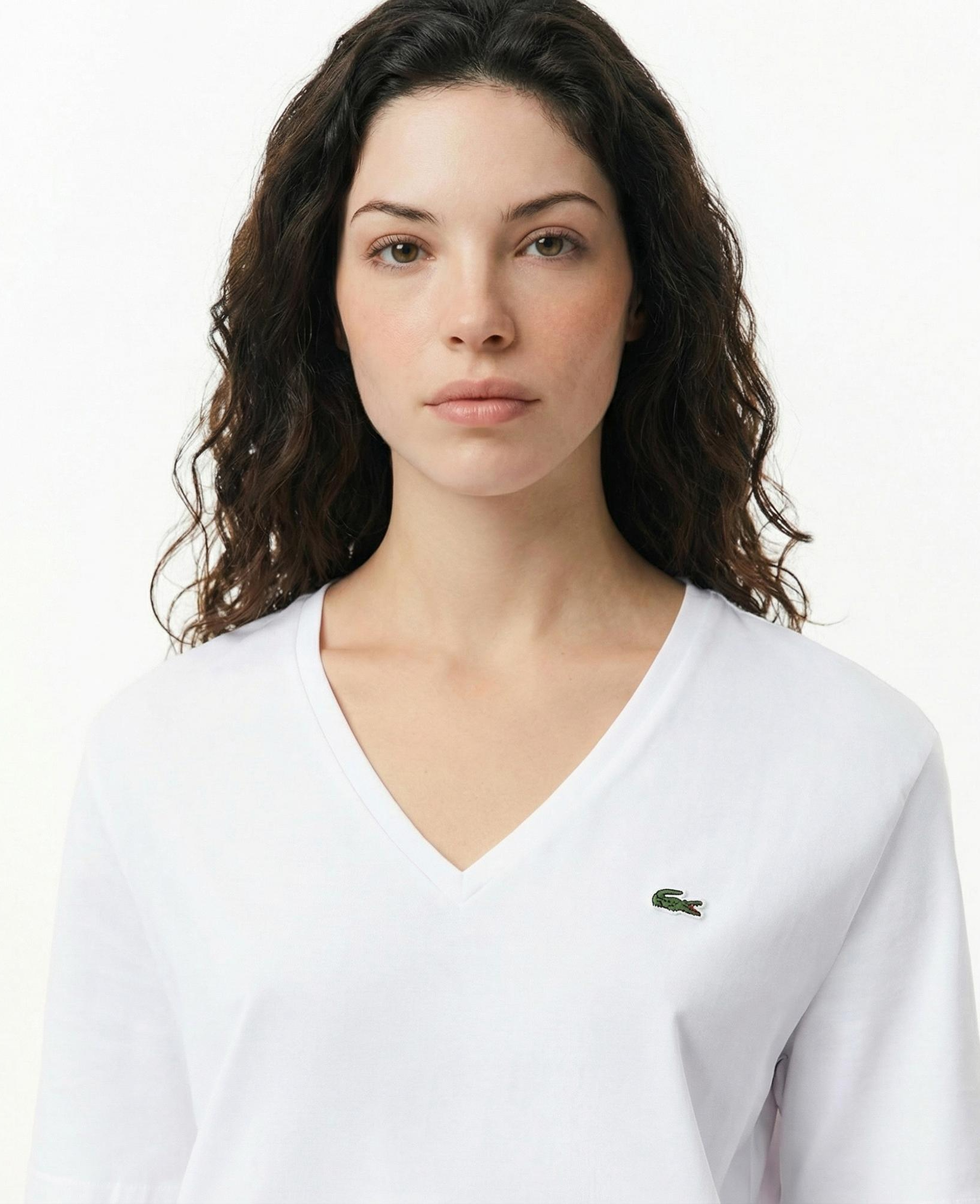 Lacoste Kadın Relaxed Fit V Yaka Beyaz T-Shirt