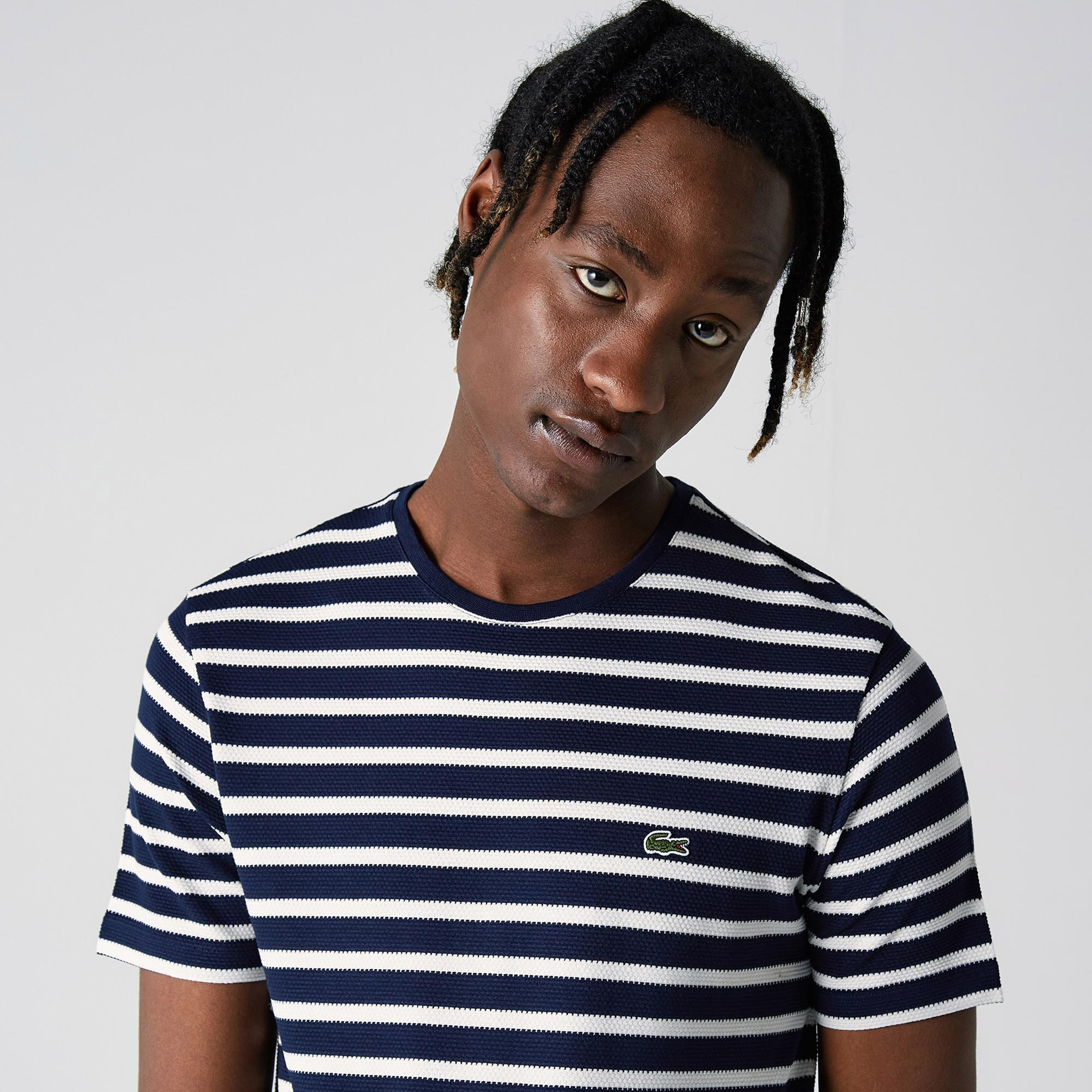 Lacoste Erkek Slim Fit Bisiklet Yaka Çizgili Lacivert T-Shirt