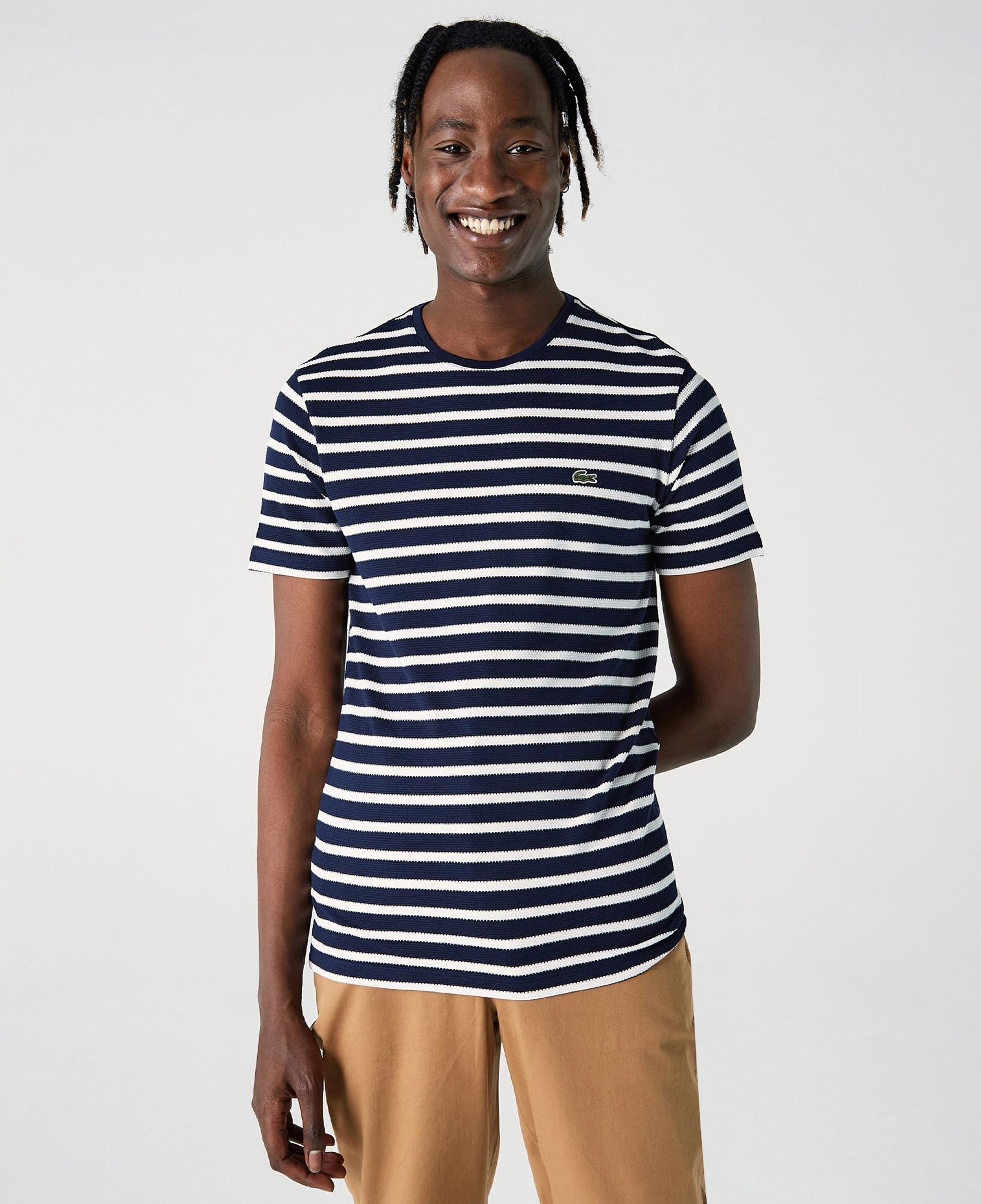 Lacoste Erkek Slim Fit Bisiklet Yaka Çizgili Lacivert T-Shirt