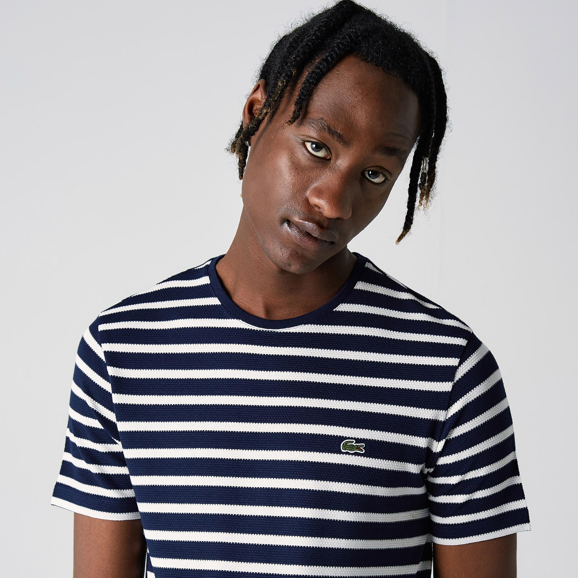Lacoste Erkek Slim Fit Bisiklet Yaka Çizgili Lacivert T-Shirt