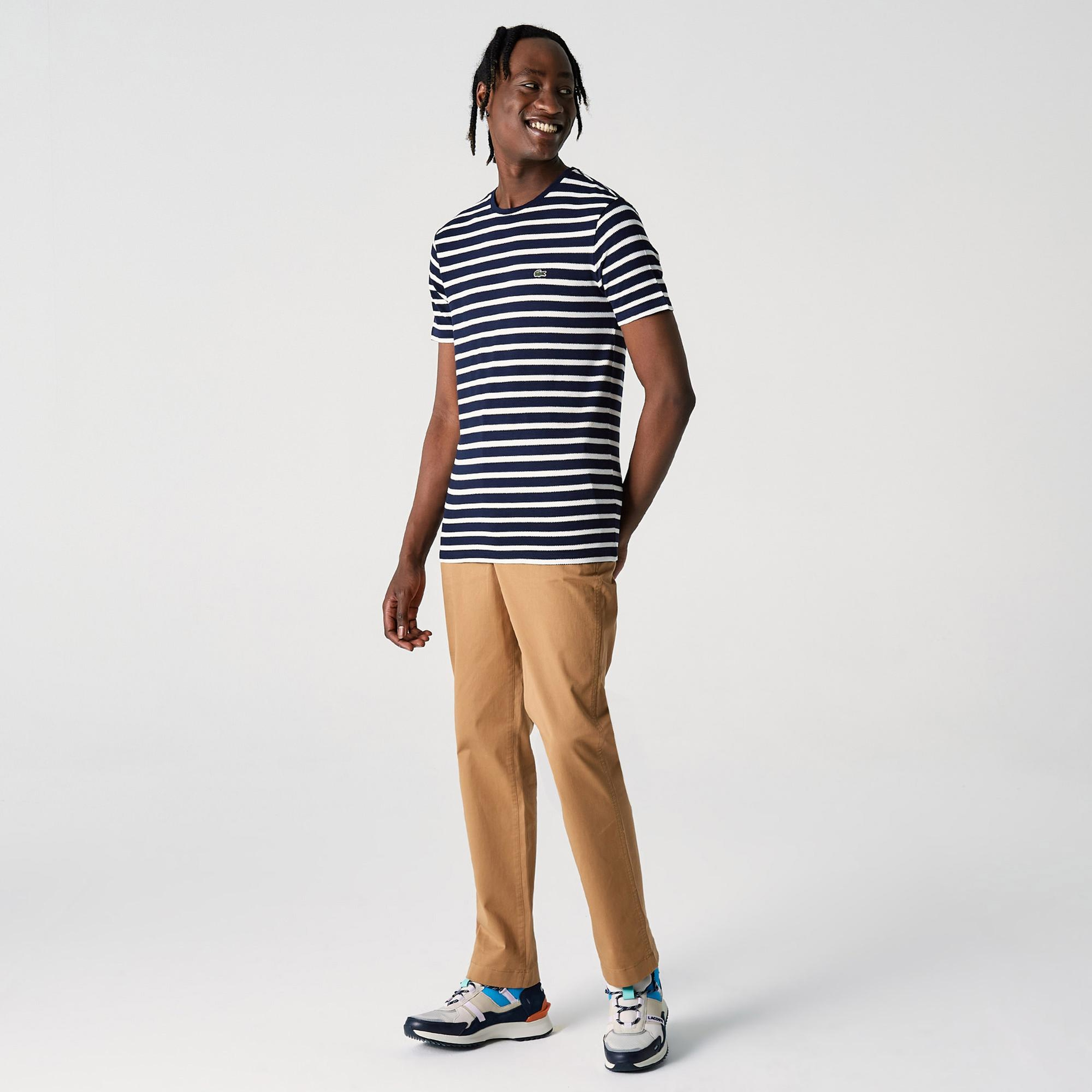 Lacoste Erkek Slim Fit Bisiklet Yaka Çizgili Lacivert T-Shirt