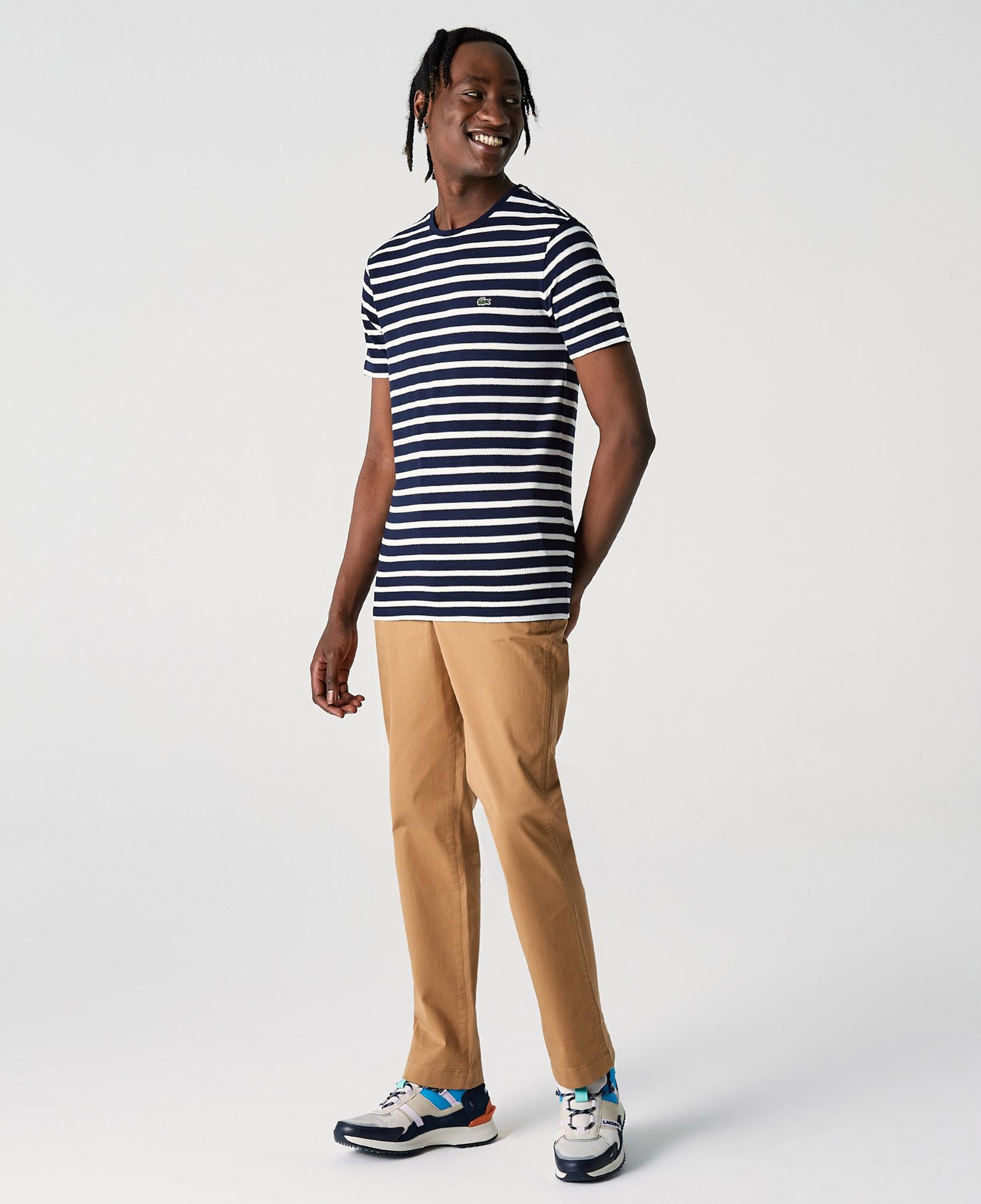 Lacoste Erkek Slim Fit Bisiklet Yaka Çizgili Lacivert T-Shirt