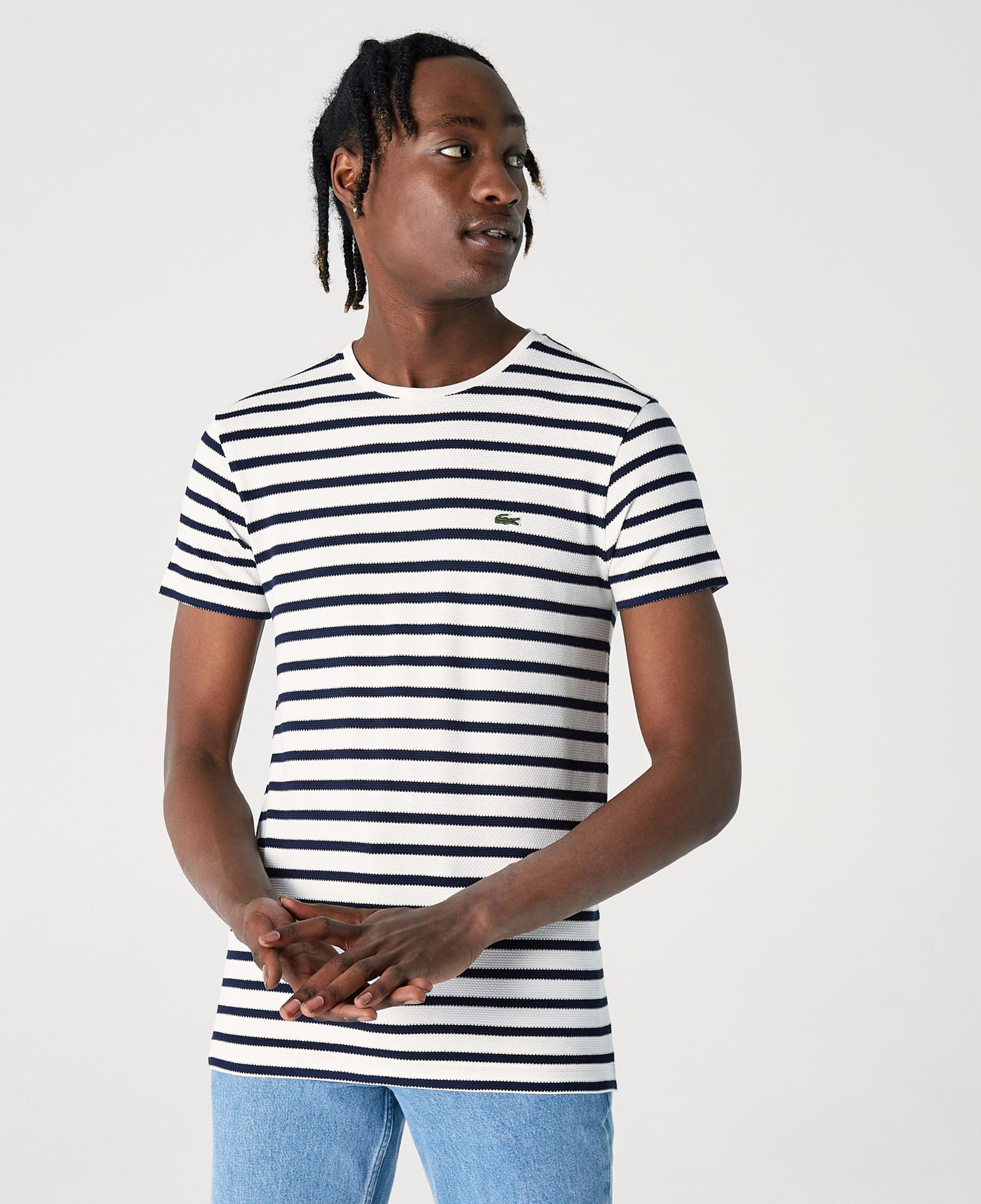 Lacoste Erkek Slim Fit Bisiklet Yaka Çizgili Beyaz T-Shirt