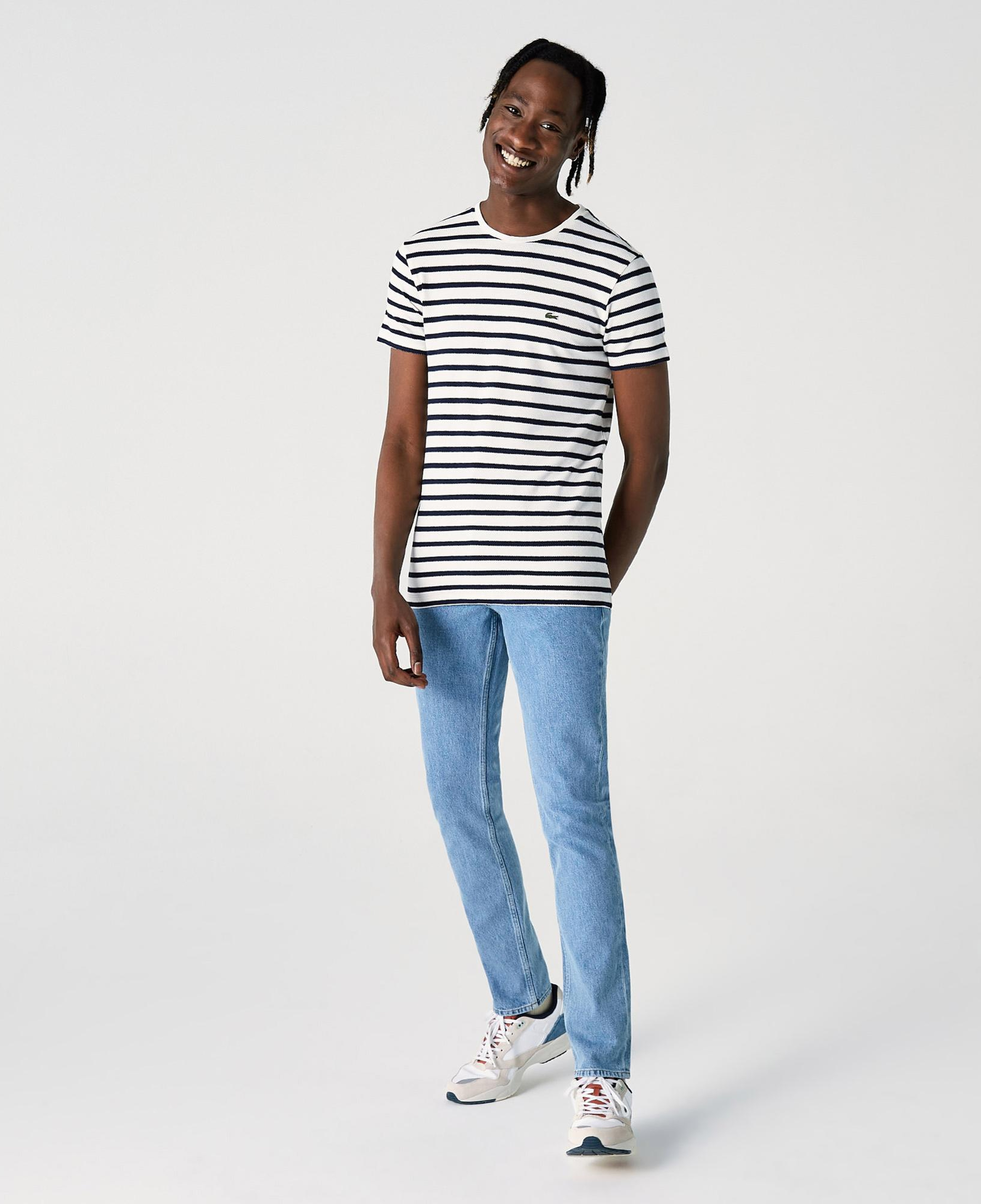 Lacoste Erkek Slim Fit Bisiklet Yaka Çizgili Beyaz T-Shirt