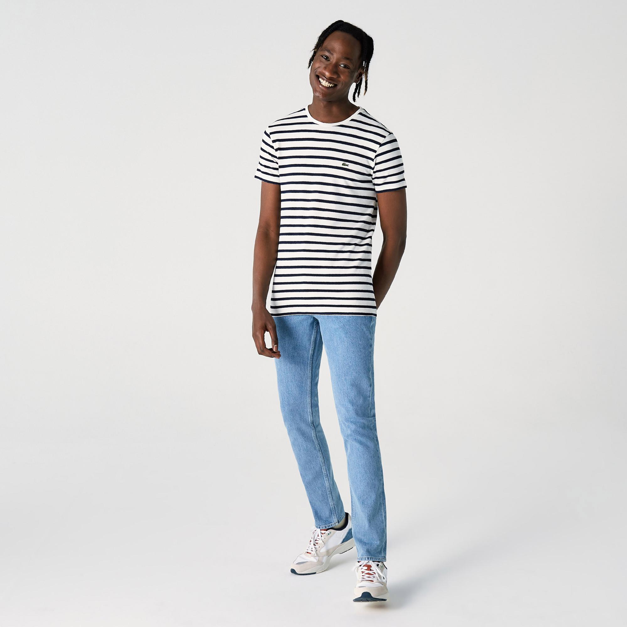 Lacoste Erkek Slim Fit Bisiklet Yaka Çizgili Beyaz T-Shirt