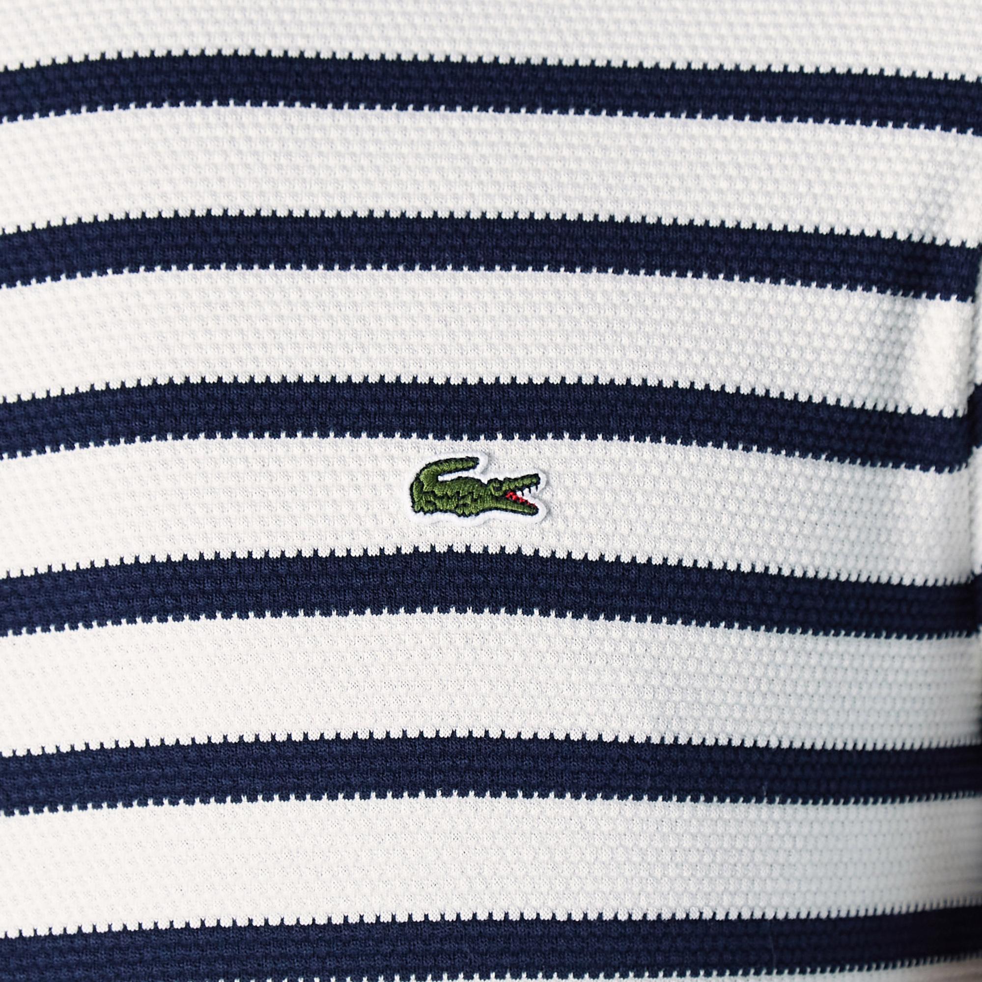 Lacoste Erkek Slim Fit Bisiklet Yaka Çizgili Beyaz T-Shirt