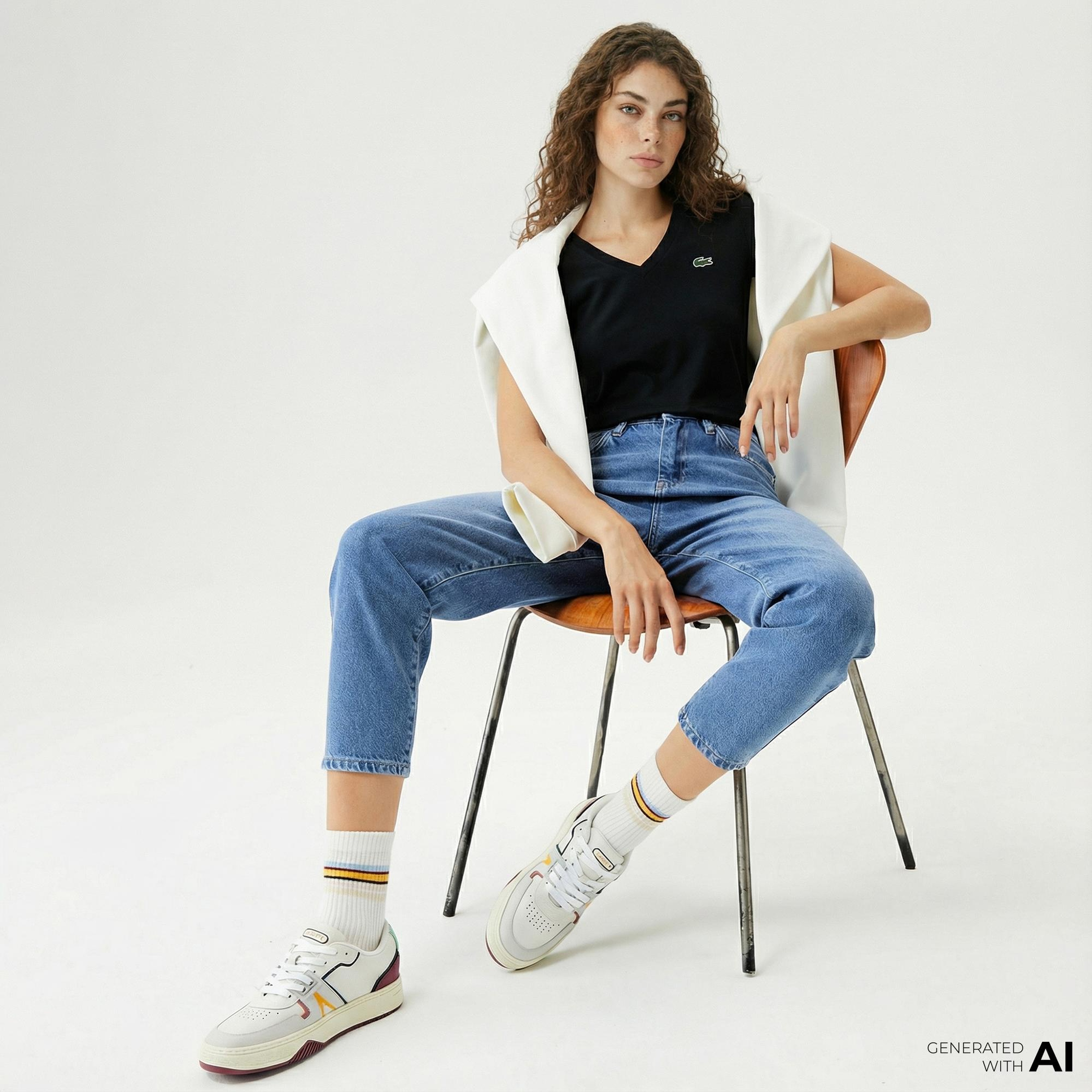 Lacoste Kadın Slim Fit V Yaka Siyah T-Shirt