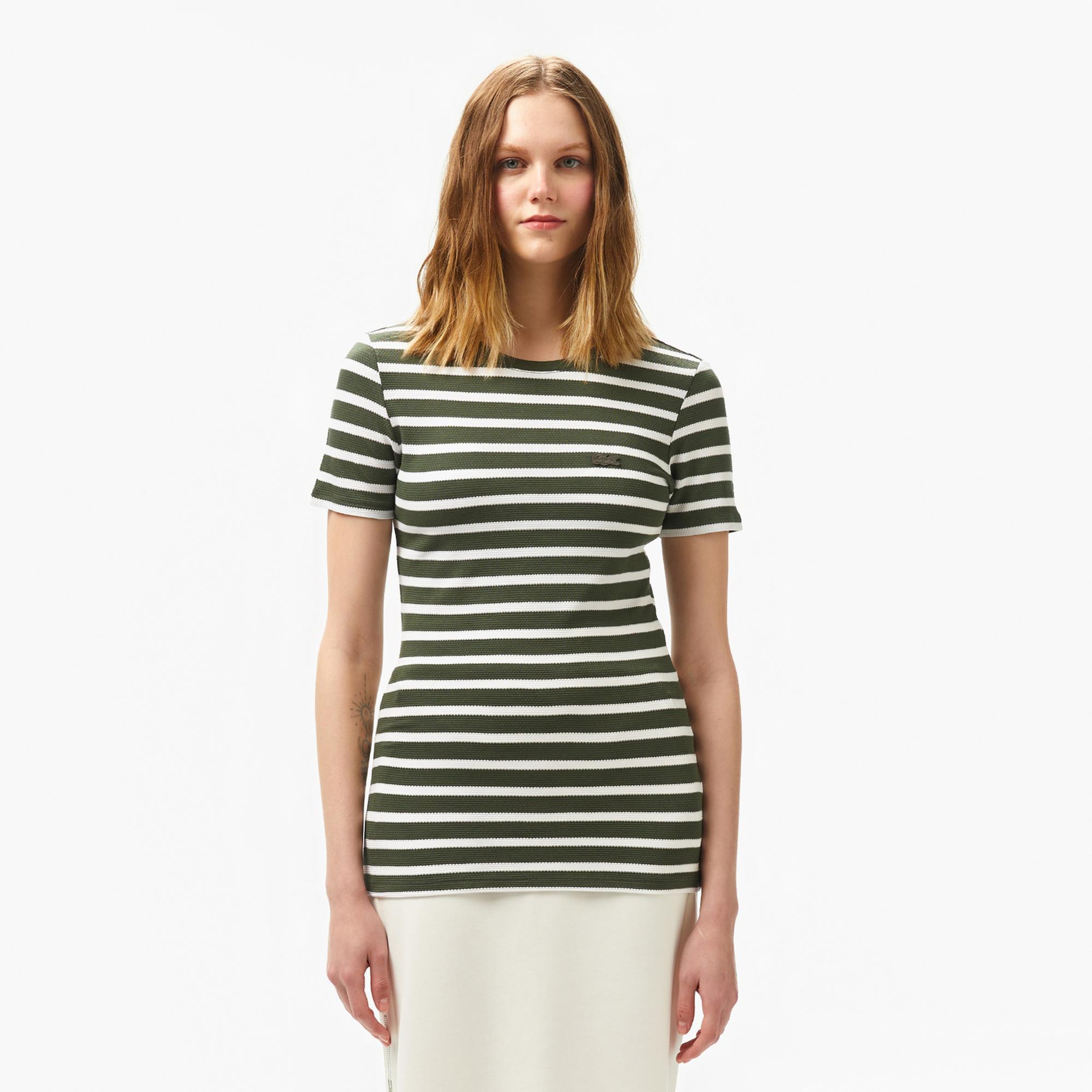 Lacoste Kadın Slim Fit Bisiklet Yaka Çizgili Koyu Yeşil T-Shirt