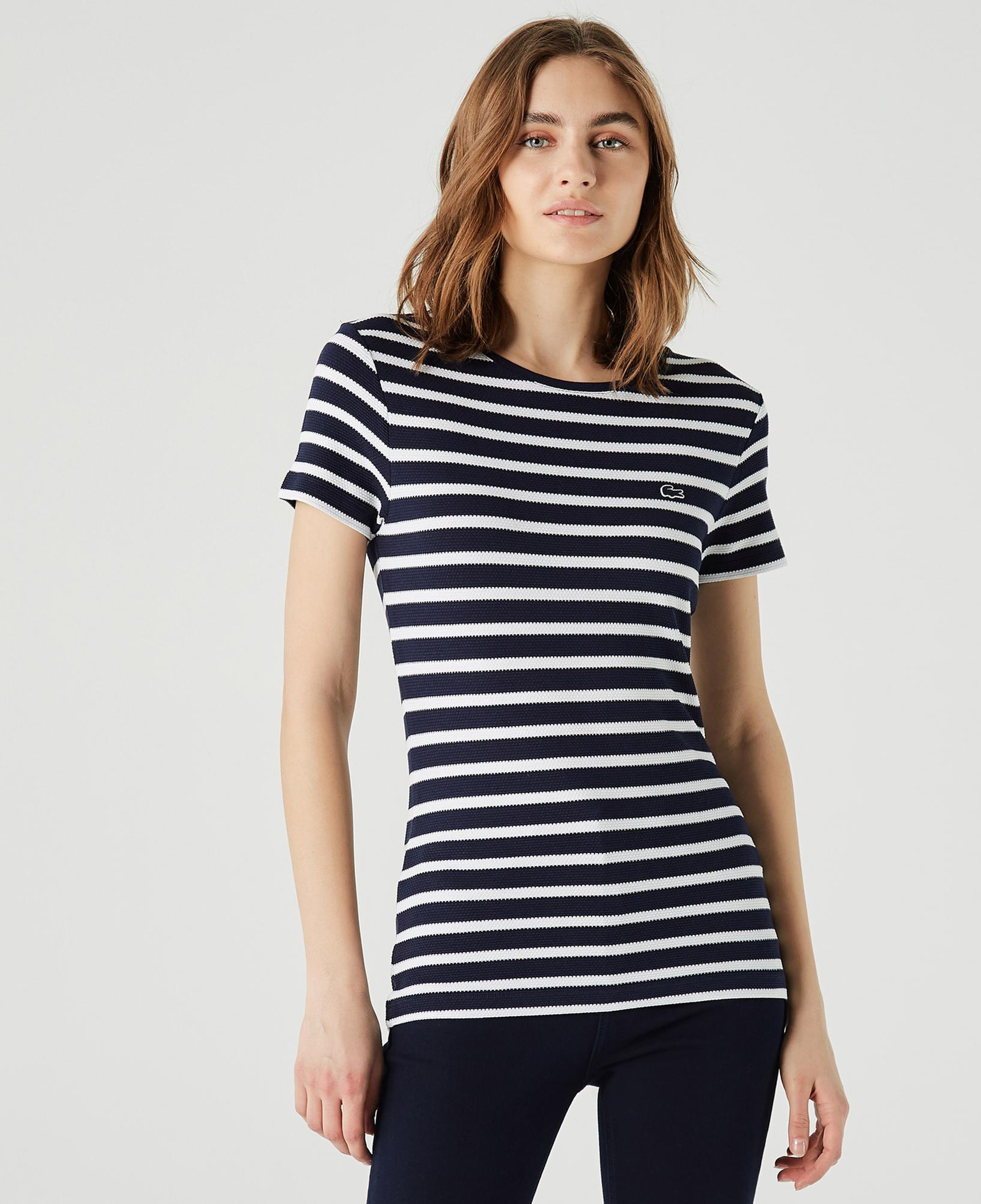 Lacoste Kadın Slim Fit Bisiklet Yaka Çizgili Lacivert T-Shirt