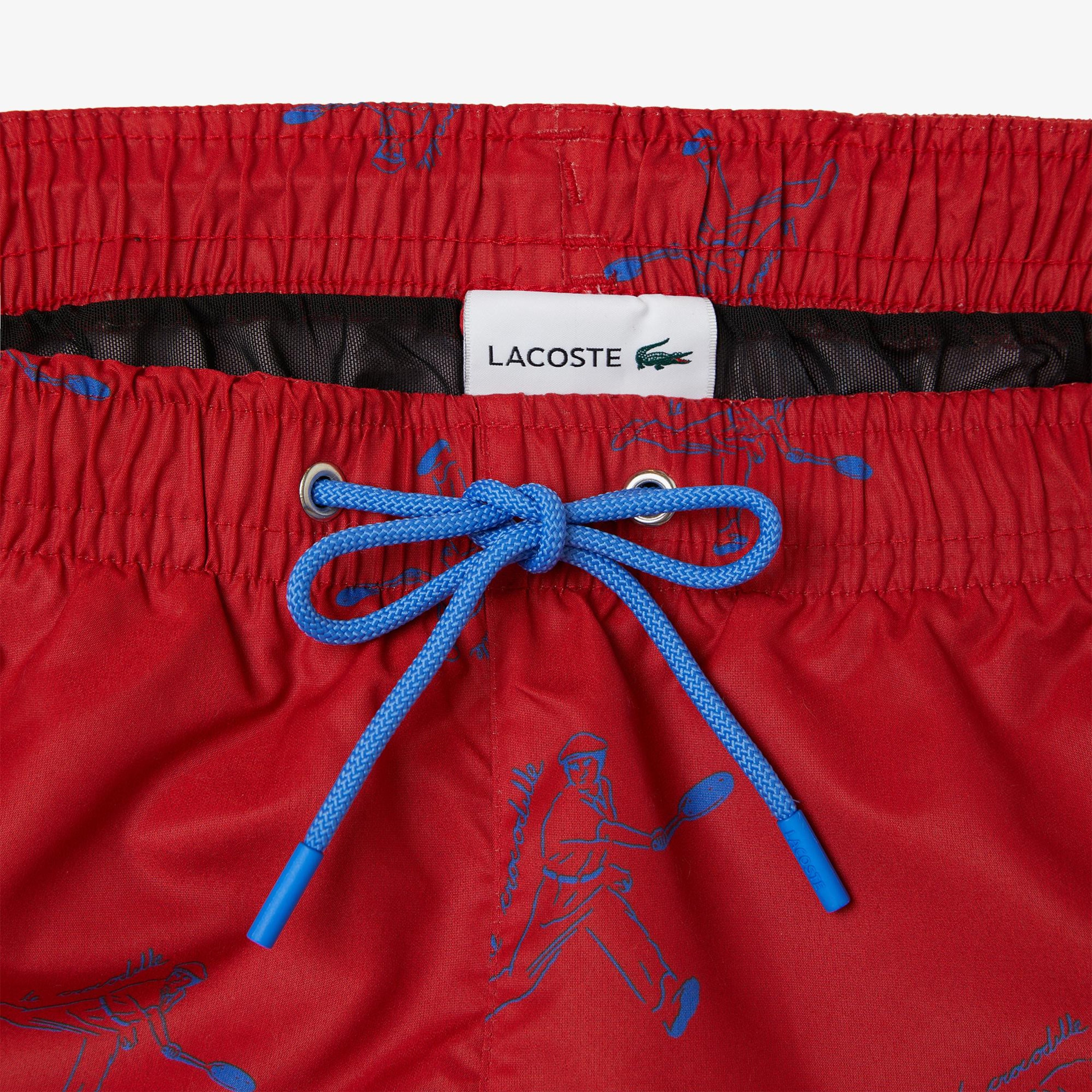 Lacoste Erkek Regular Fit Desenli Kırmızı Deniz Şortu