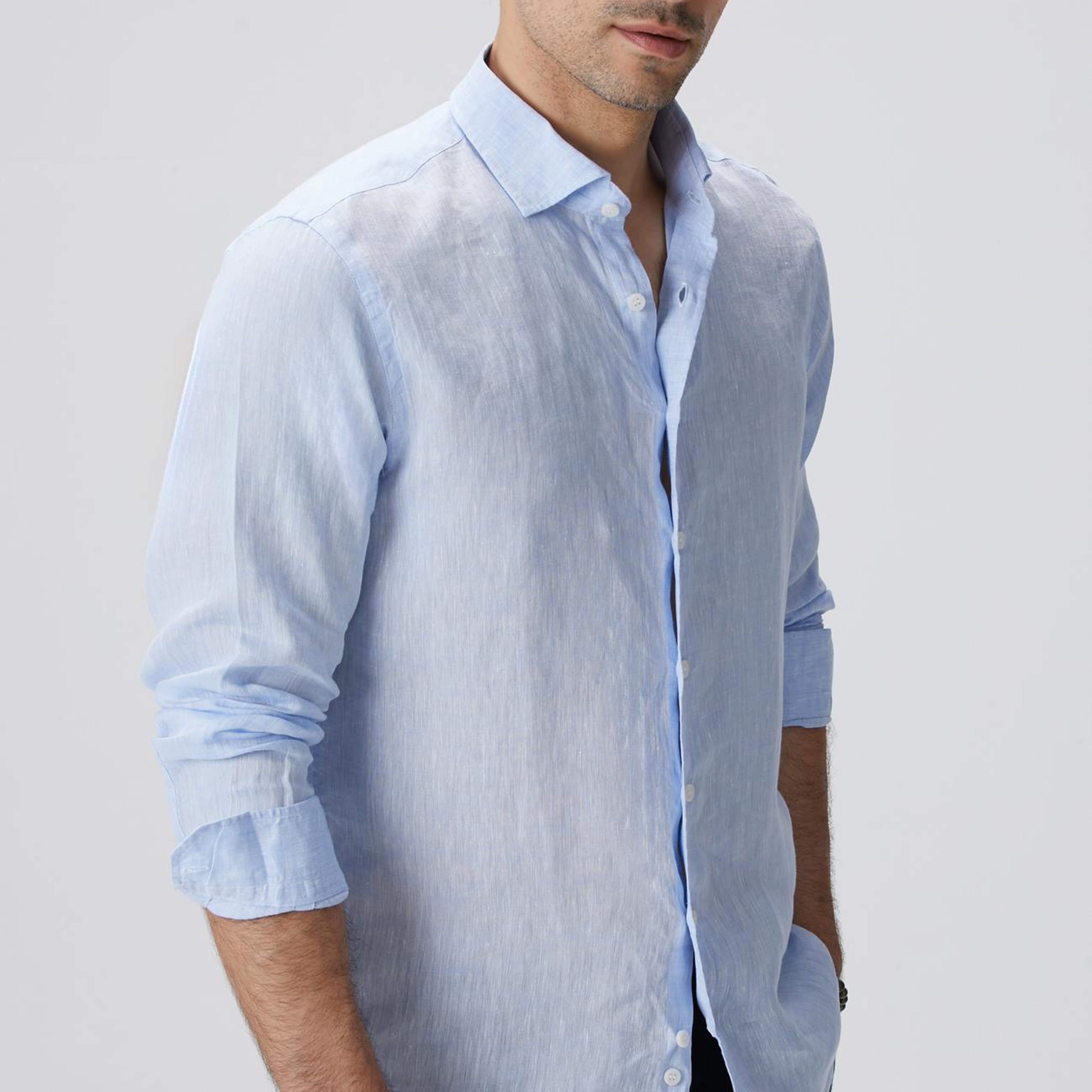 Network Erkek Açık Mavi Keten Gömlek
