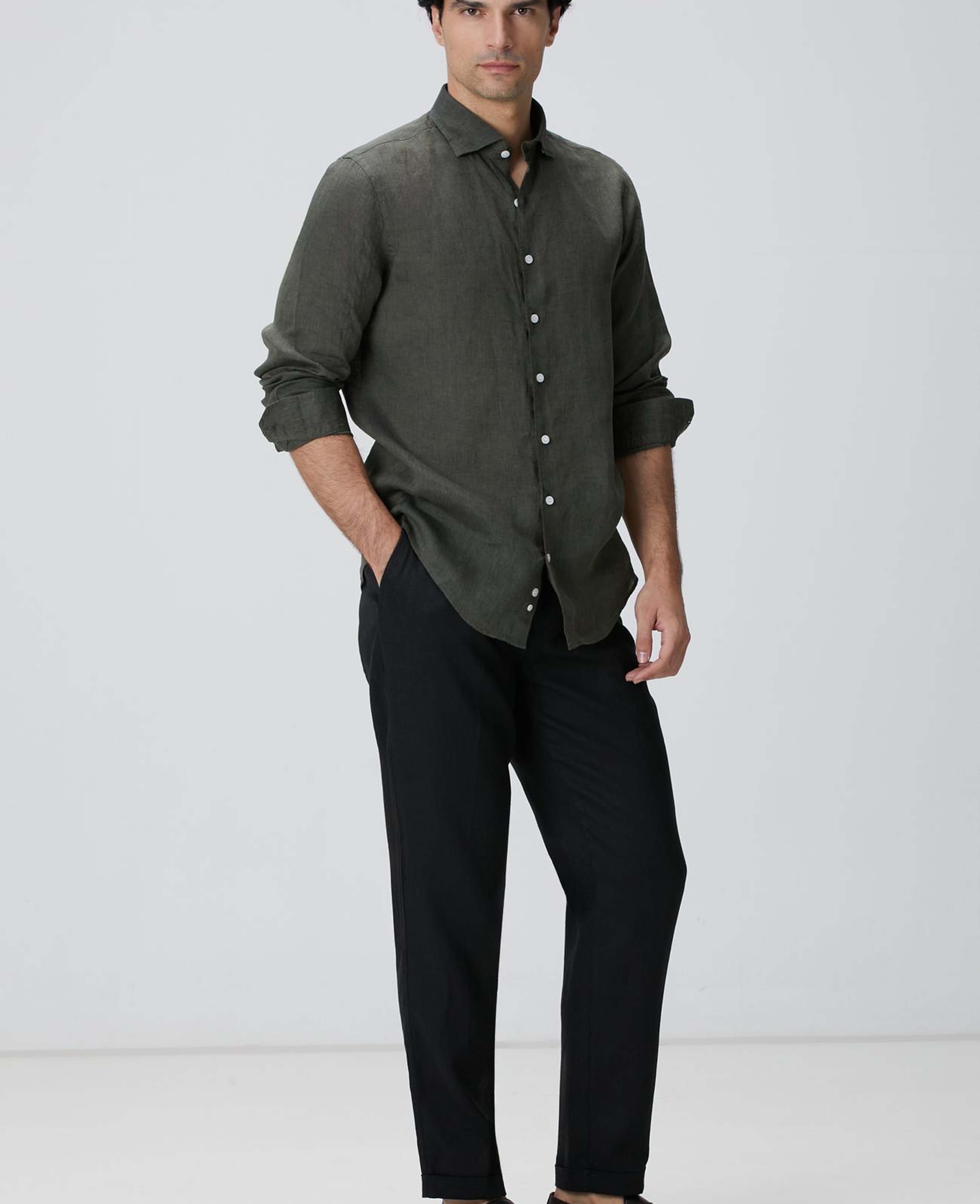 Network Erkek Haki Keten Gömlek