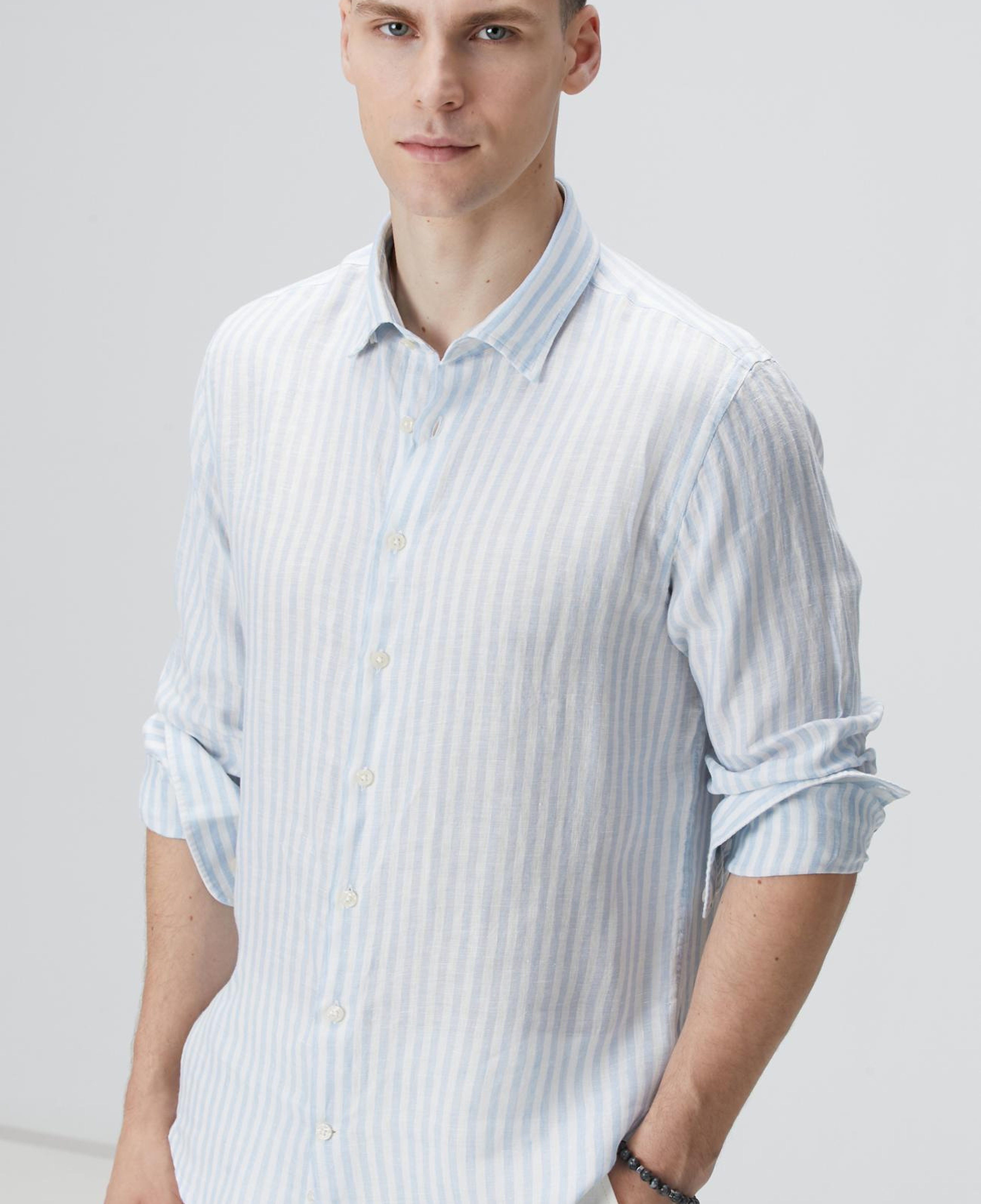 Network Erkek Mavi Beyaz Keten Gömlek