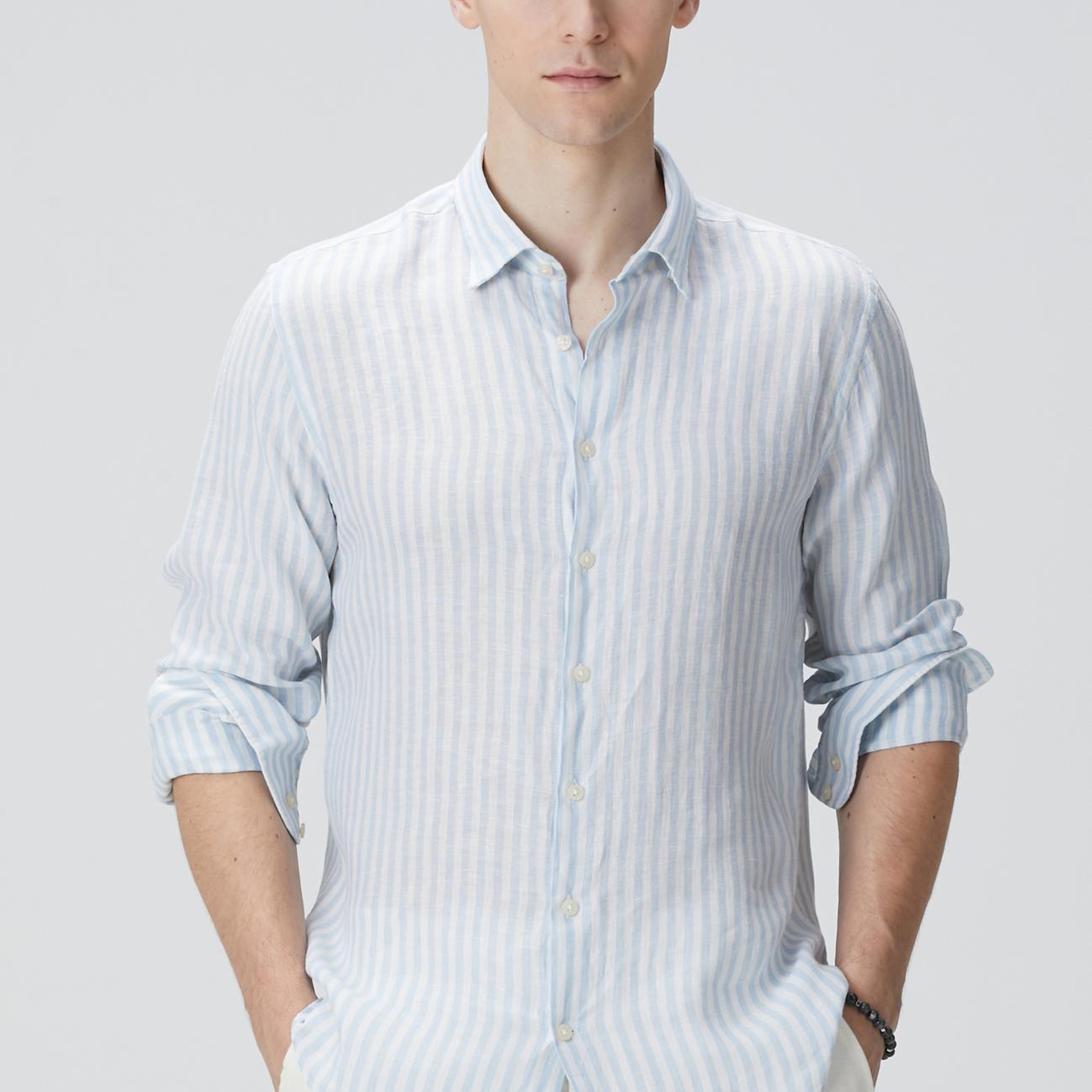 Network Erkek Mavi Beyaz Keten Gömlek