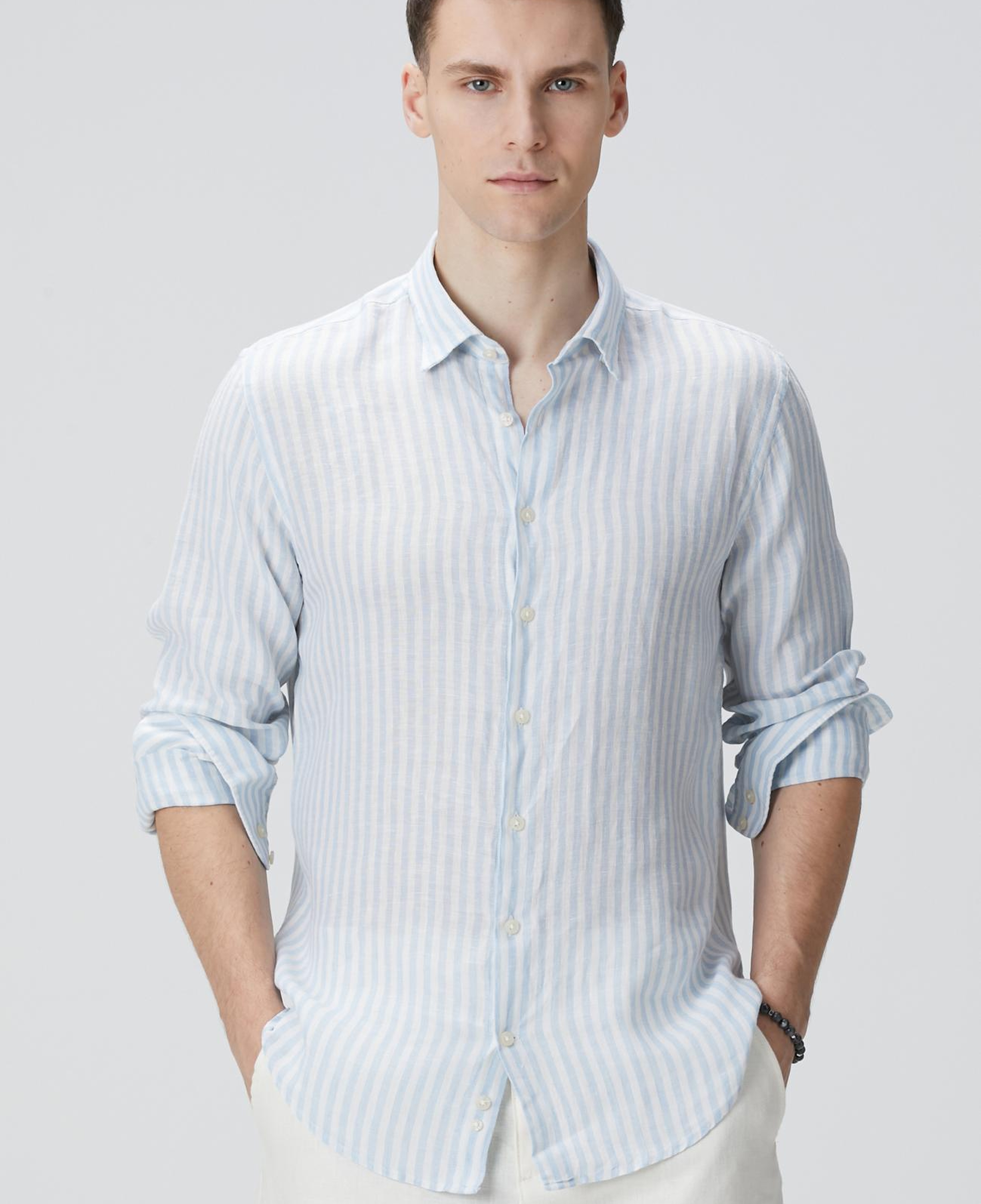 Network Erkek Mavi Beyaz Keten Gömlek