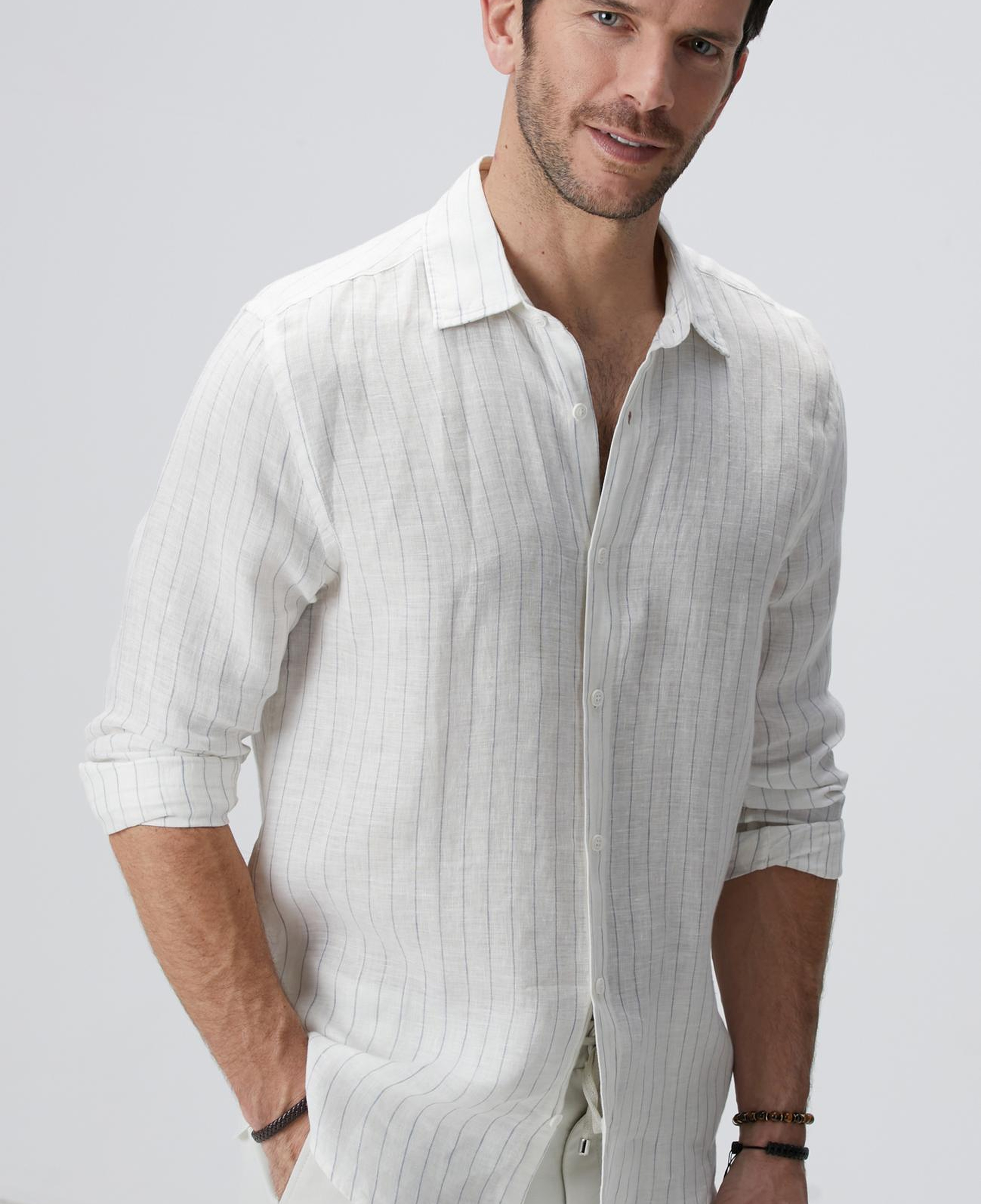 Network Erkek Beyaz Çizgi Desenli Keten Gömlek