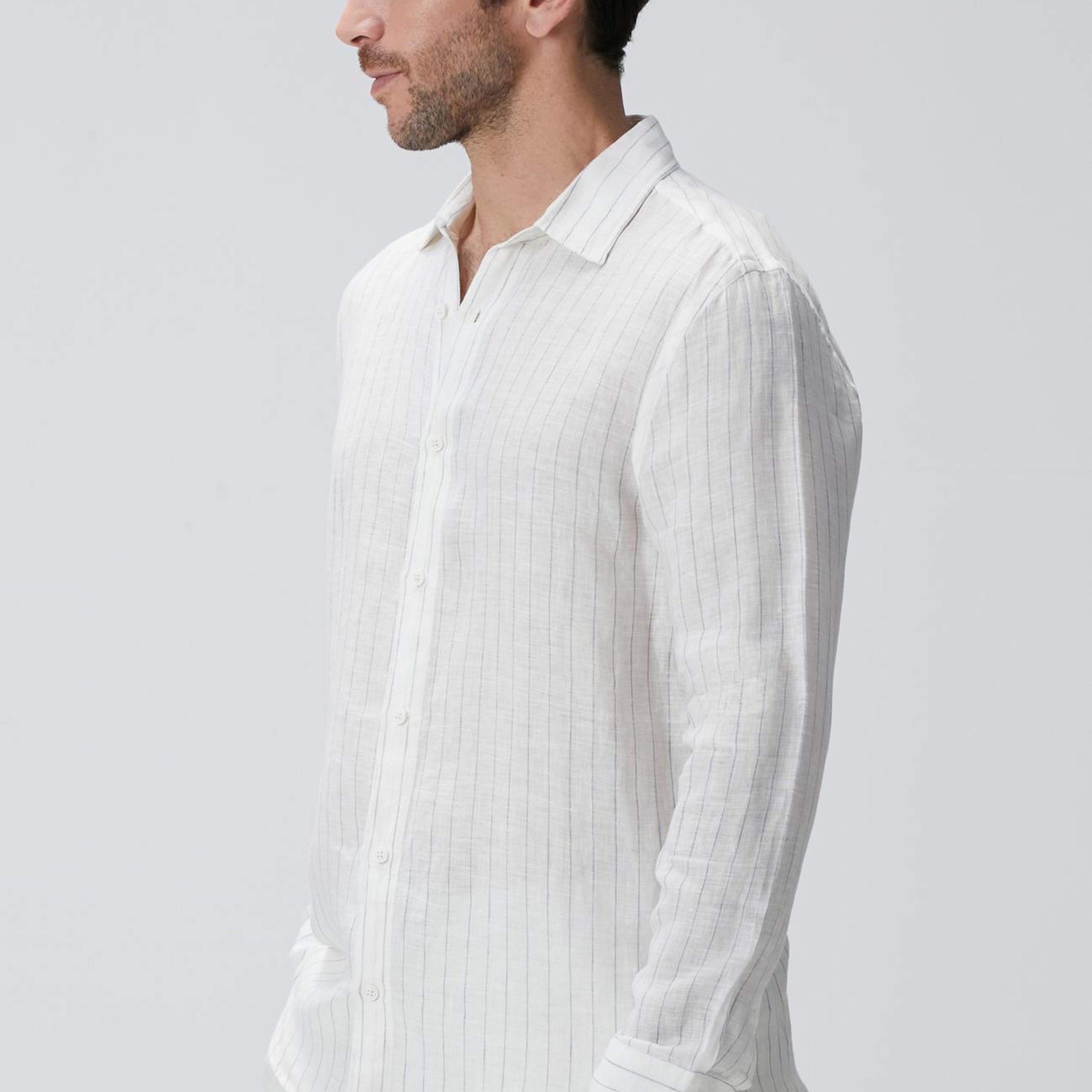 Network Erkek Beyaz Çizgi Desenli Keten Gömlek