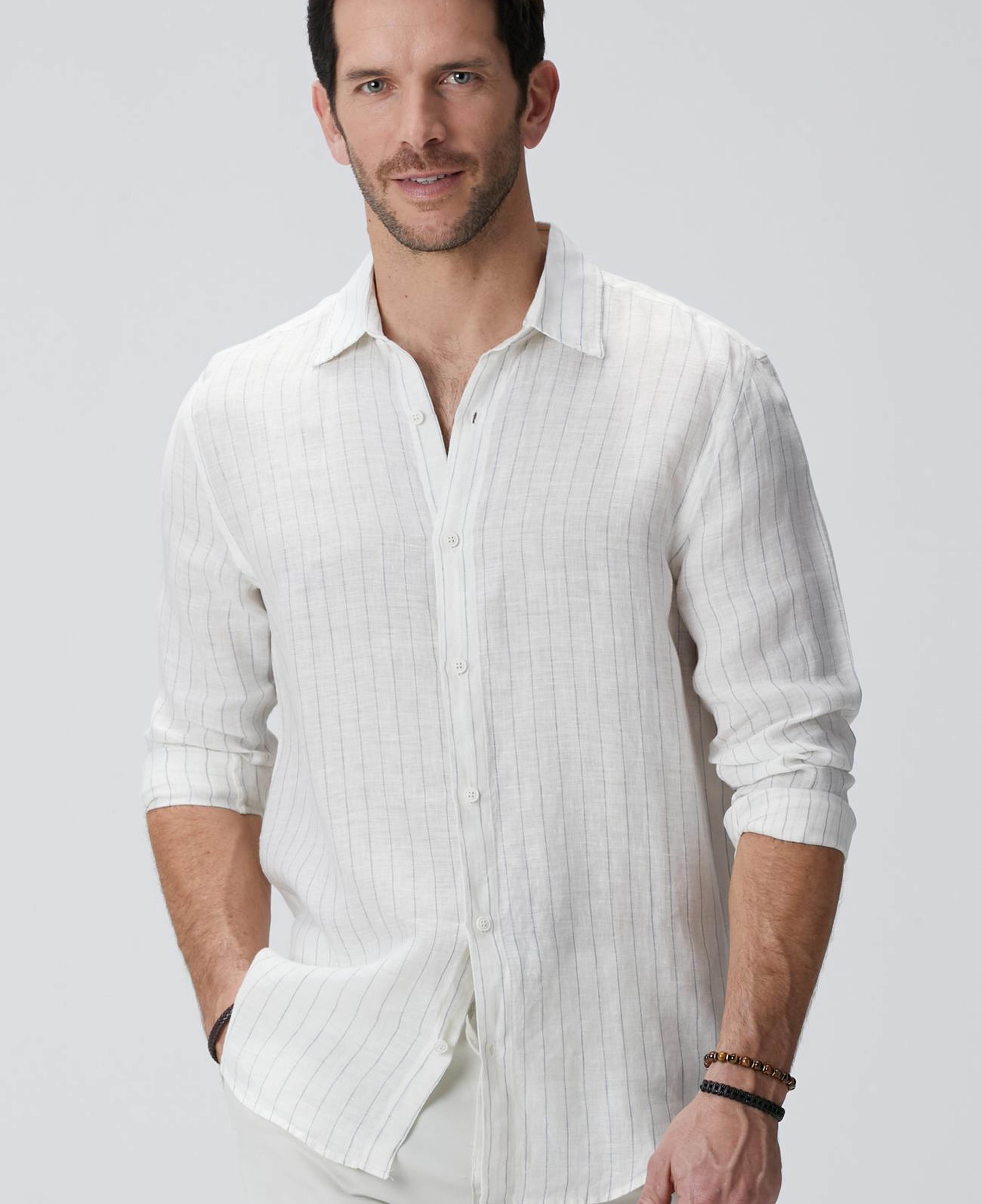 Network Erkek Beyaz Çizgi Desenli Keten Gömlek