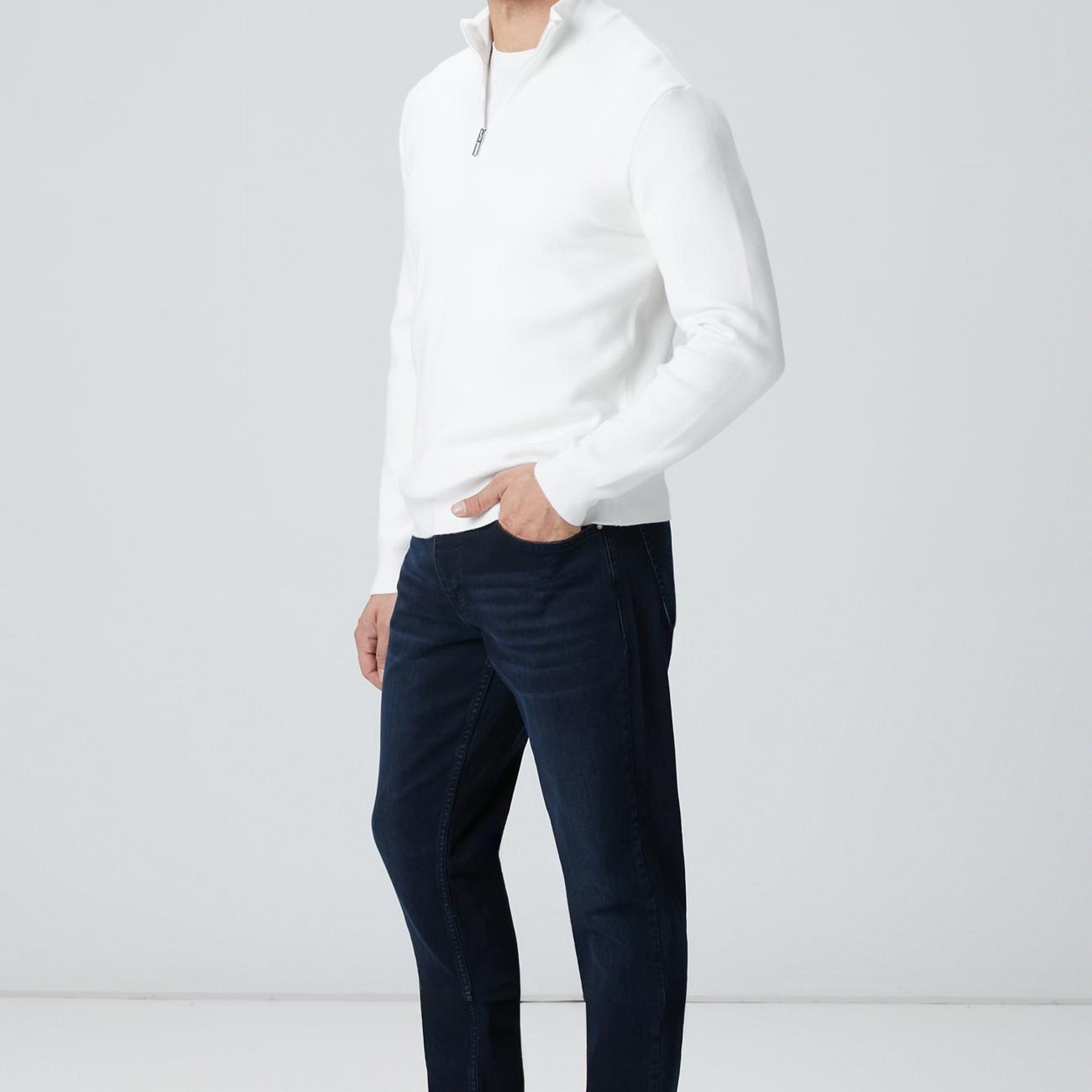 Network Erkek Kırık Beyaz Yakası Fermuarlı Triko Kazak