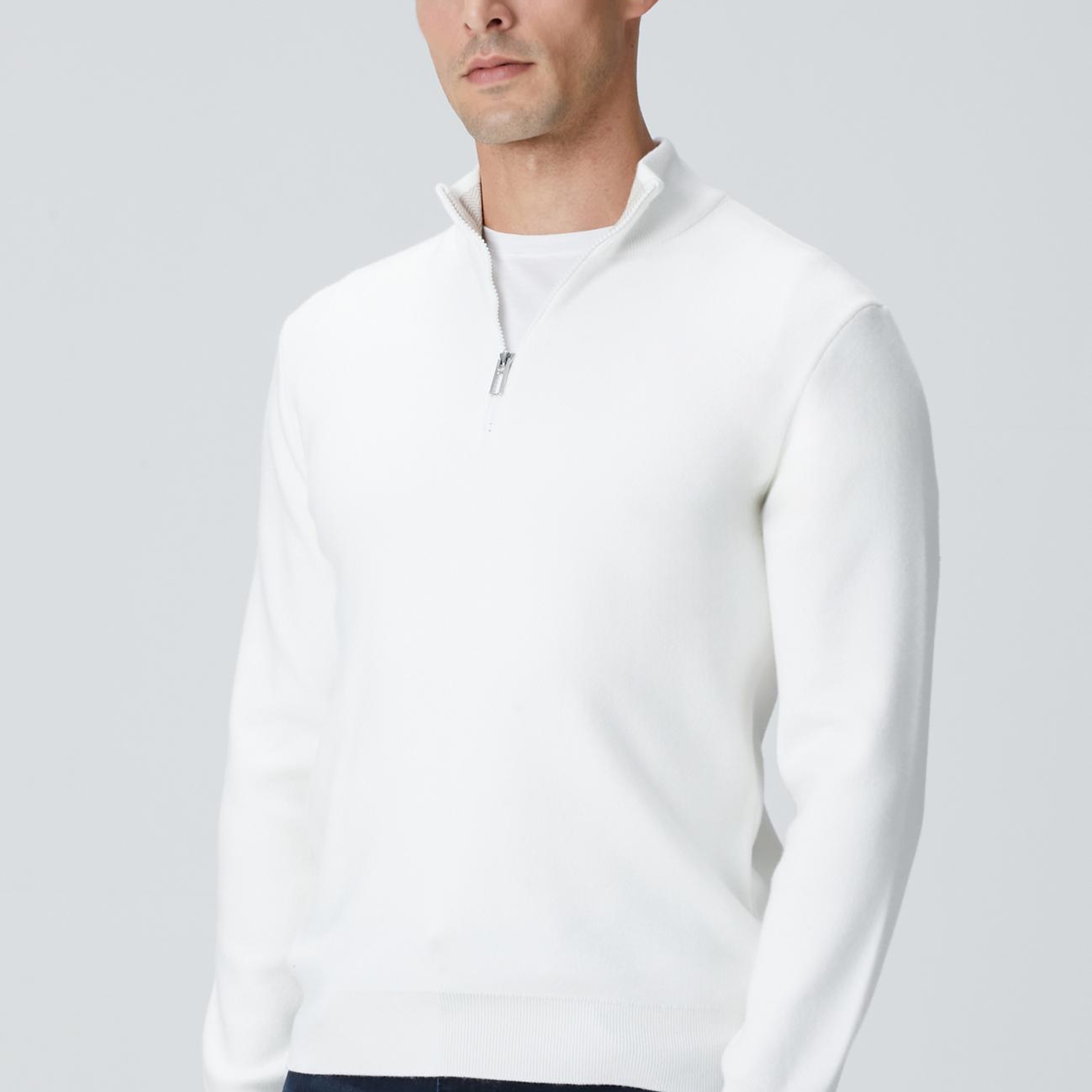 Network Erkek Kırık Beyaz Yakası Fermuarlı Triko Kazak