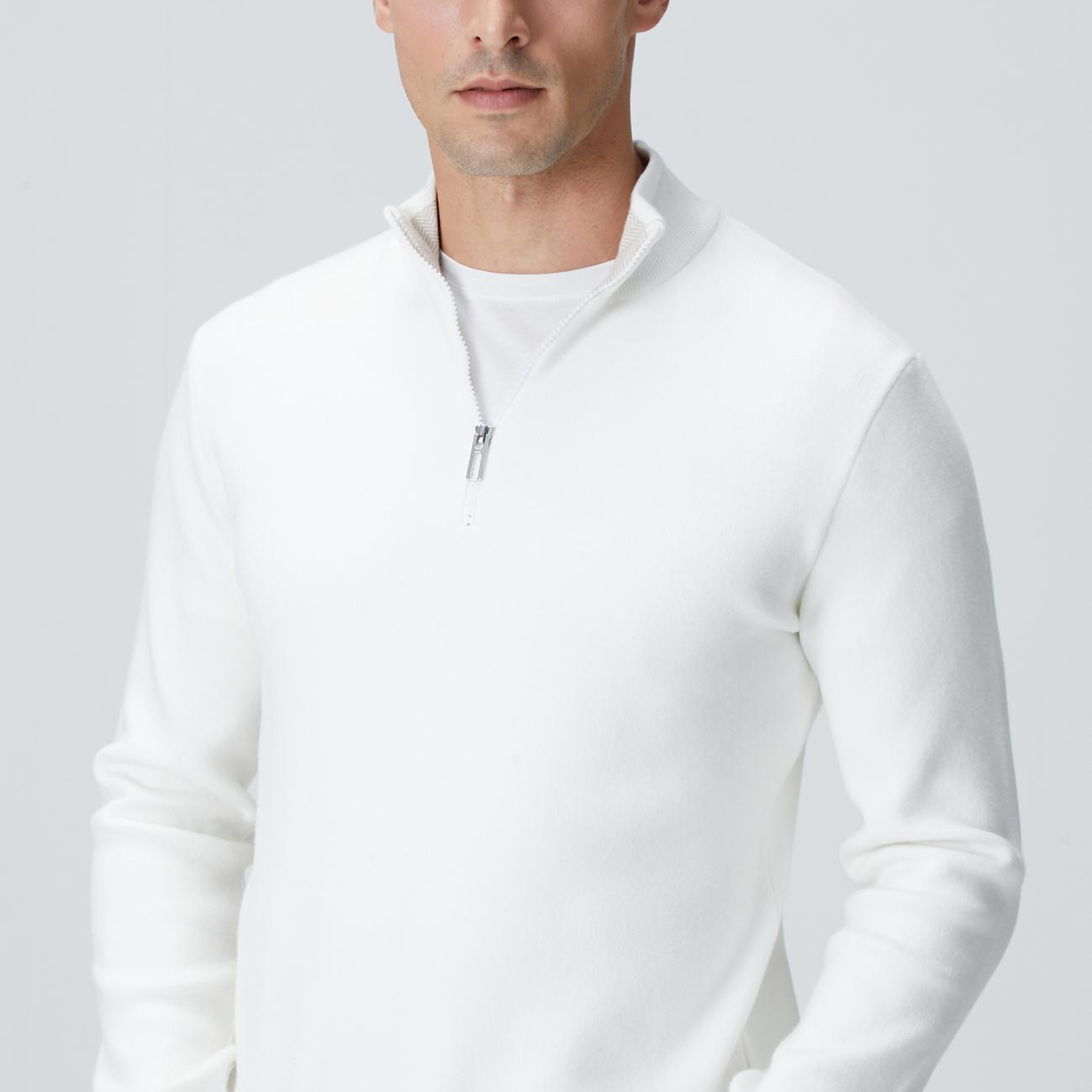 Network Erkek Kırık Beyaz Yakası Fermuarlı Triko Kazak