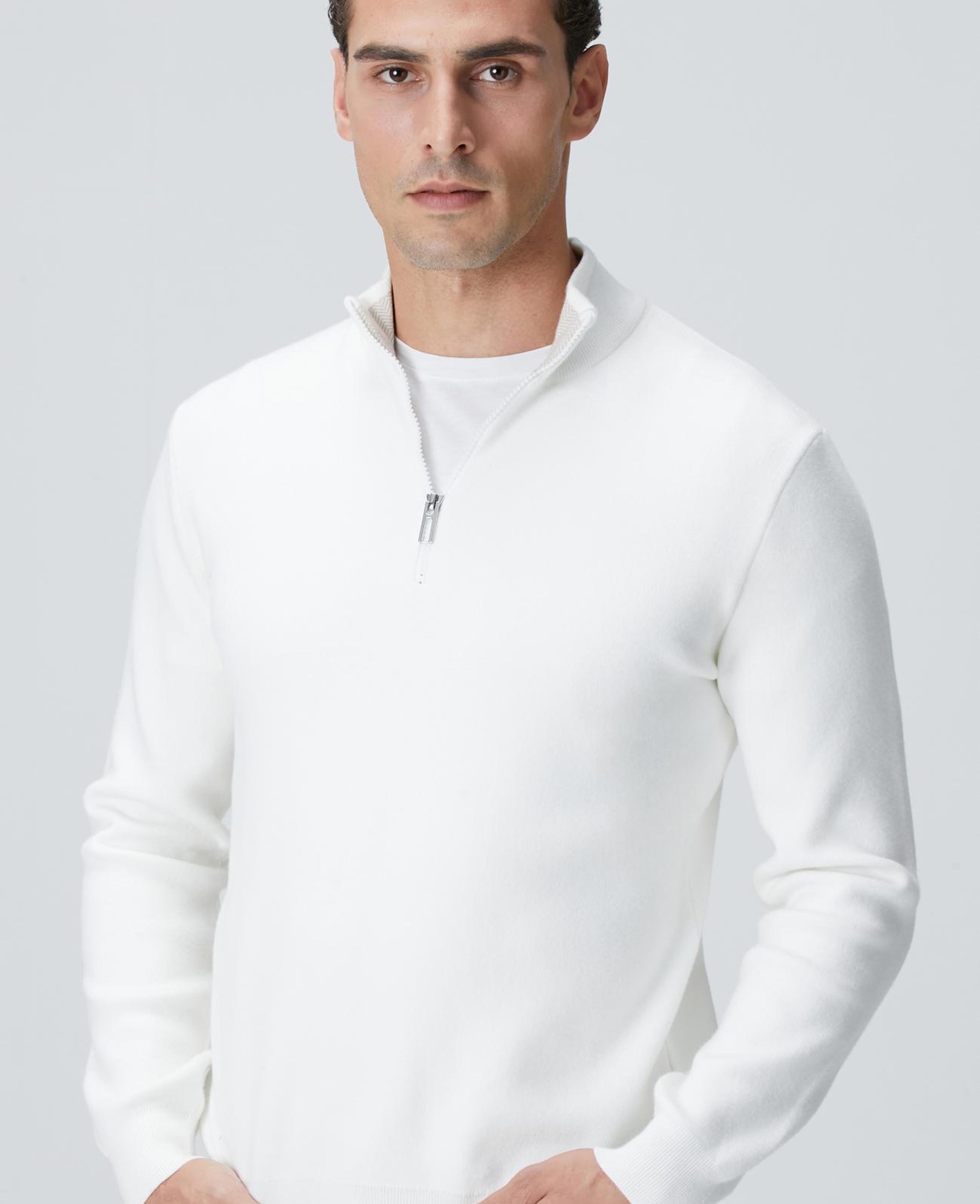 Network Erkek Kırık Beyaz Yakası Fermuarlı Triko Kazak