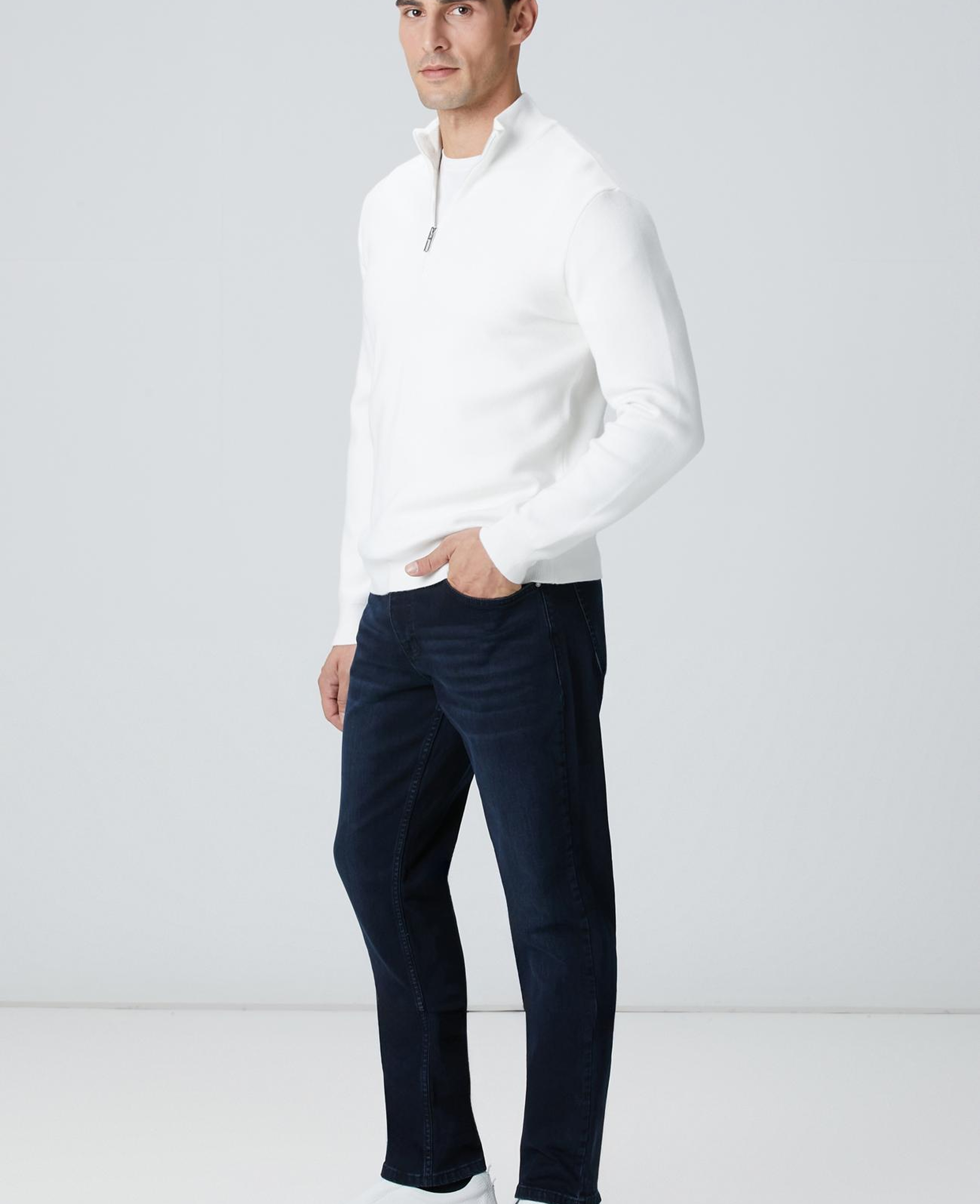 Network Erkek Kırık Beyaz Yakası Fermuarlı Triko Kazak