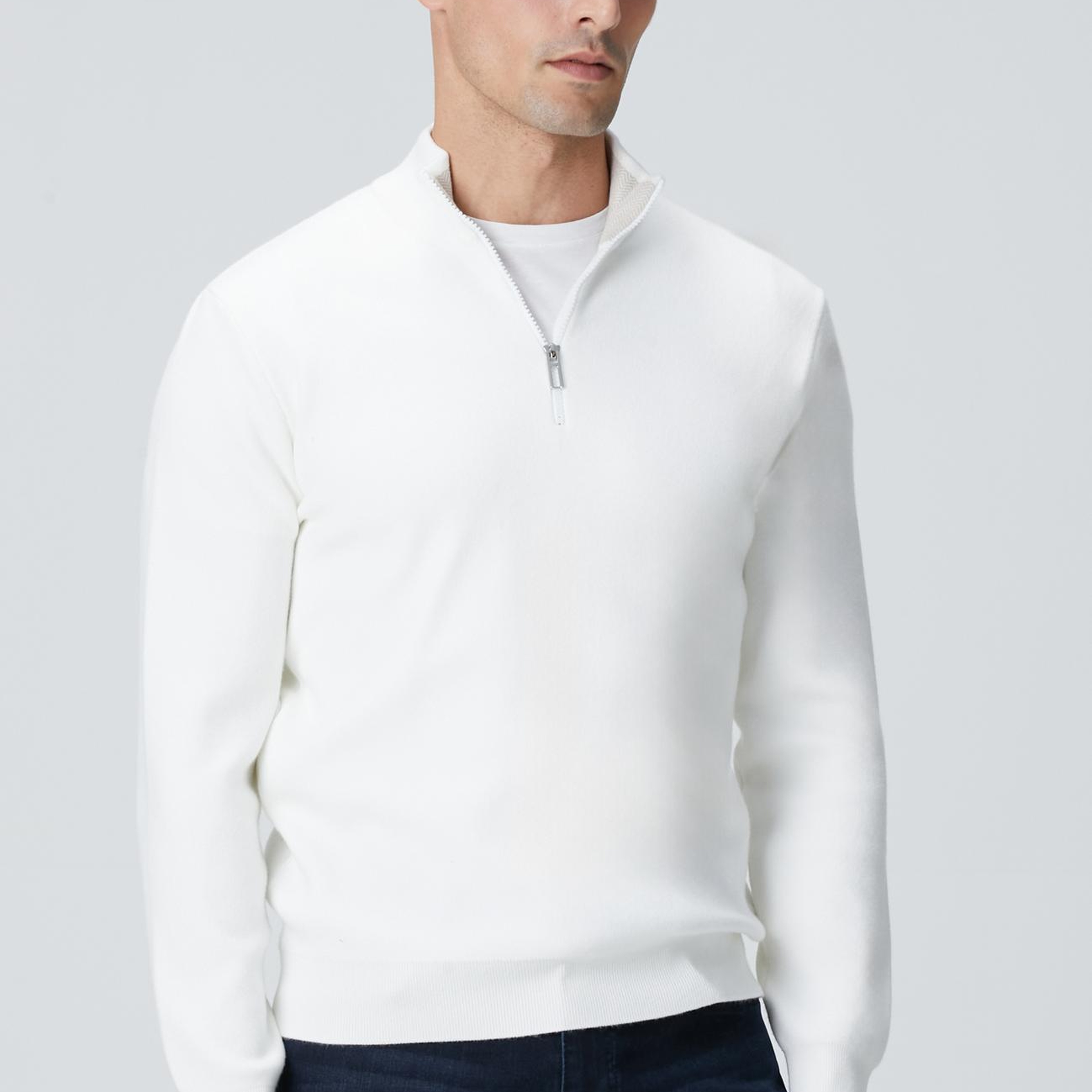 Network Erkek Kırık Beyaz Yakası Fermuarlı Triko Kazak