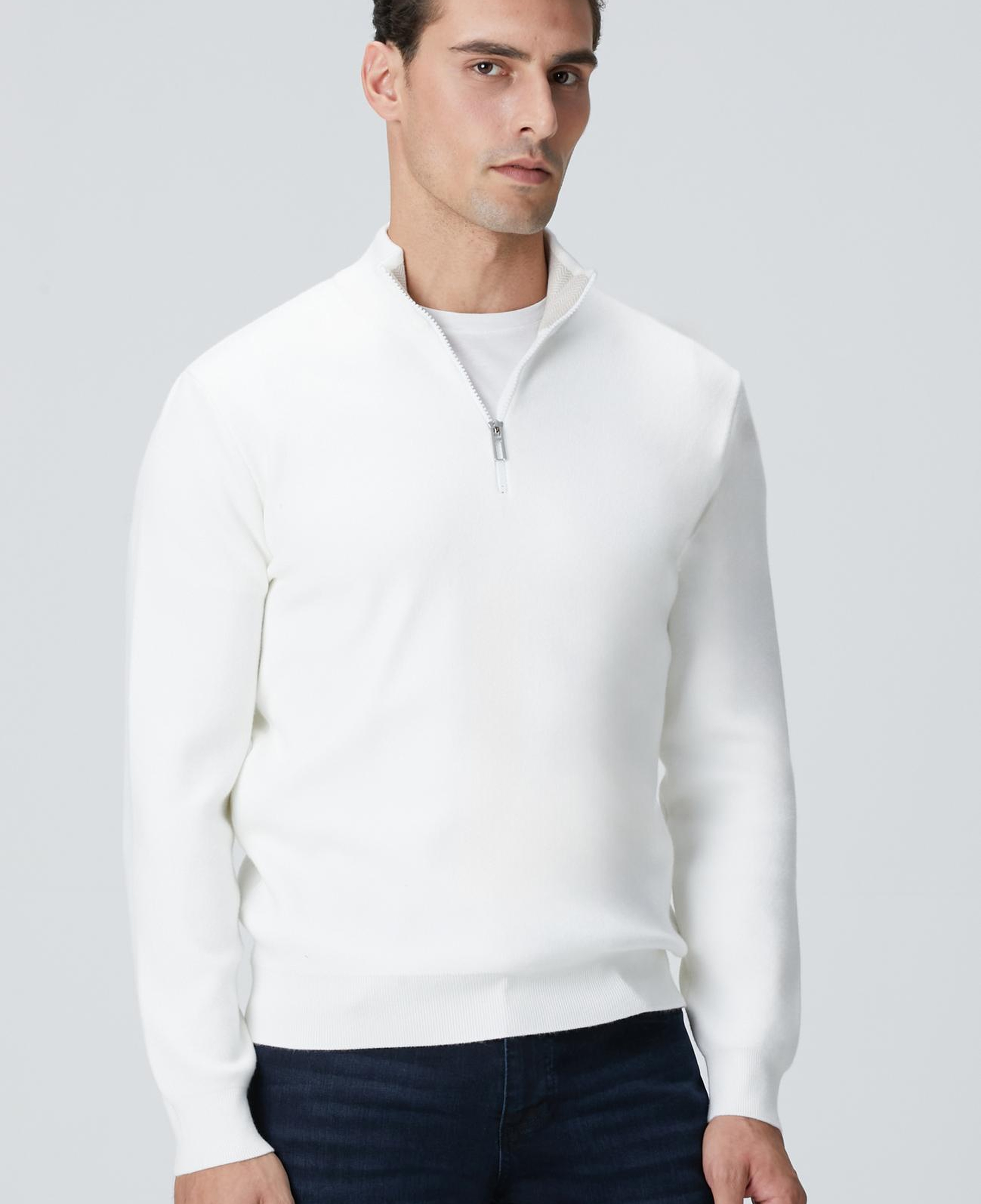 Network Erkek Kırık Beyaz Yakası Fermuarlı Triko Kazak