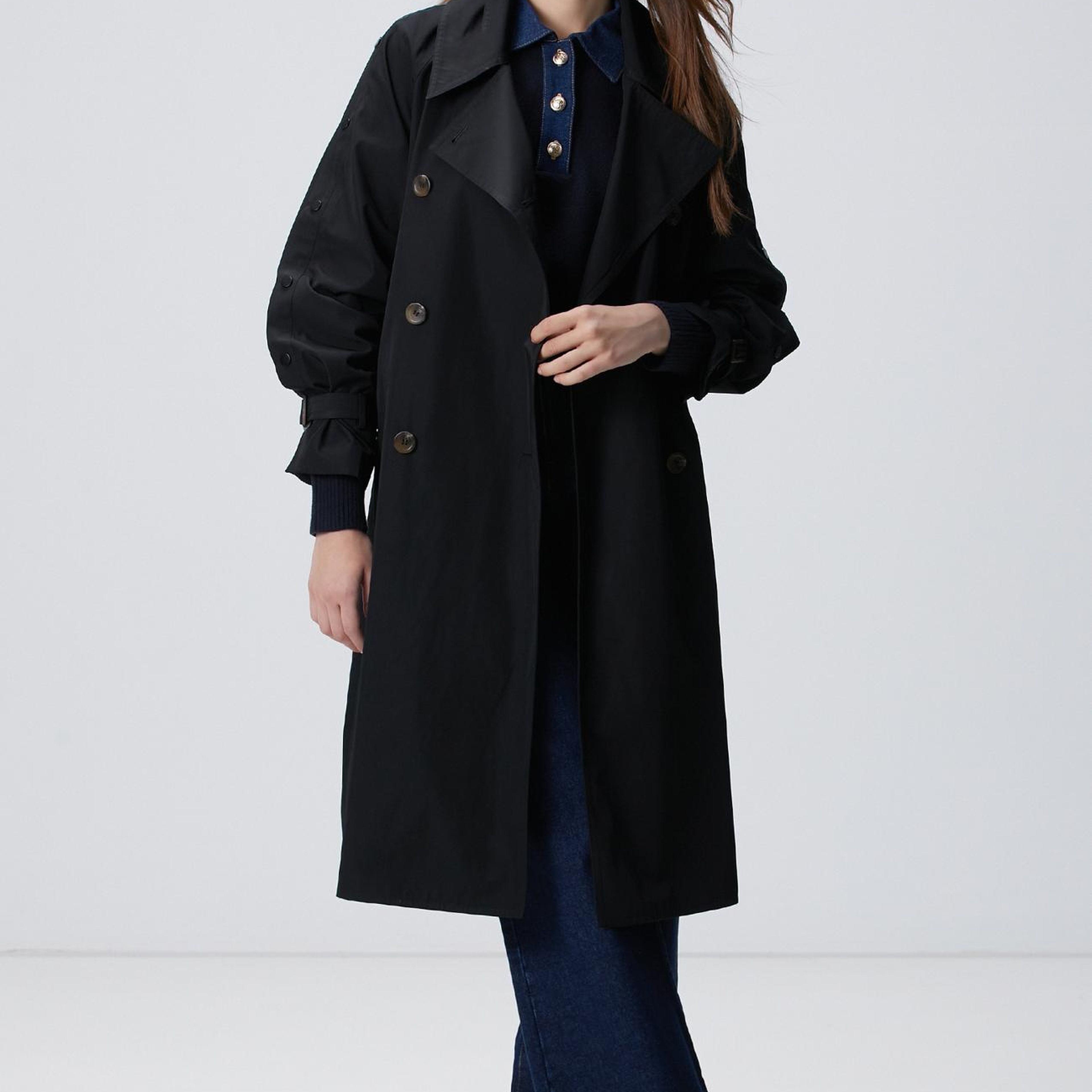 Network Kadın Siyah Düğmeli Trençkot