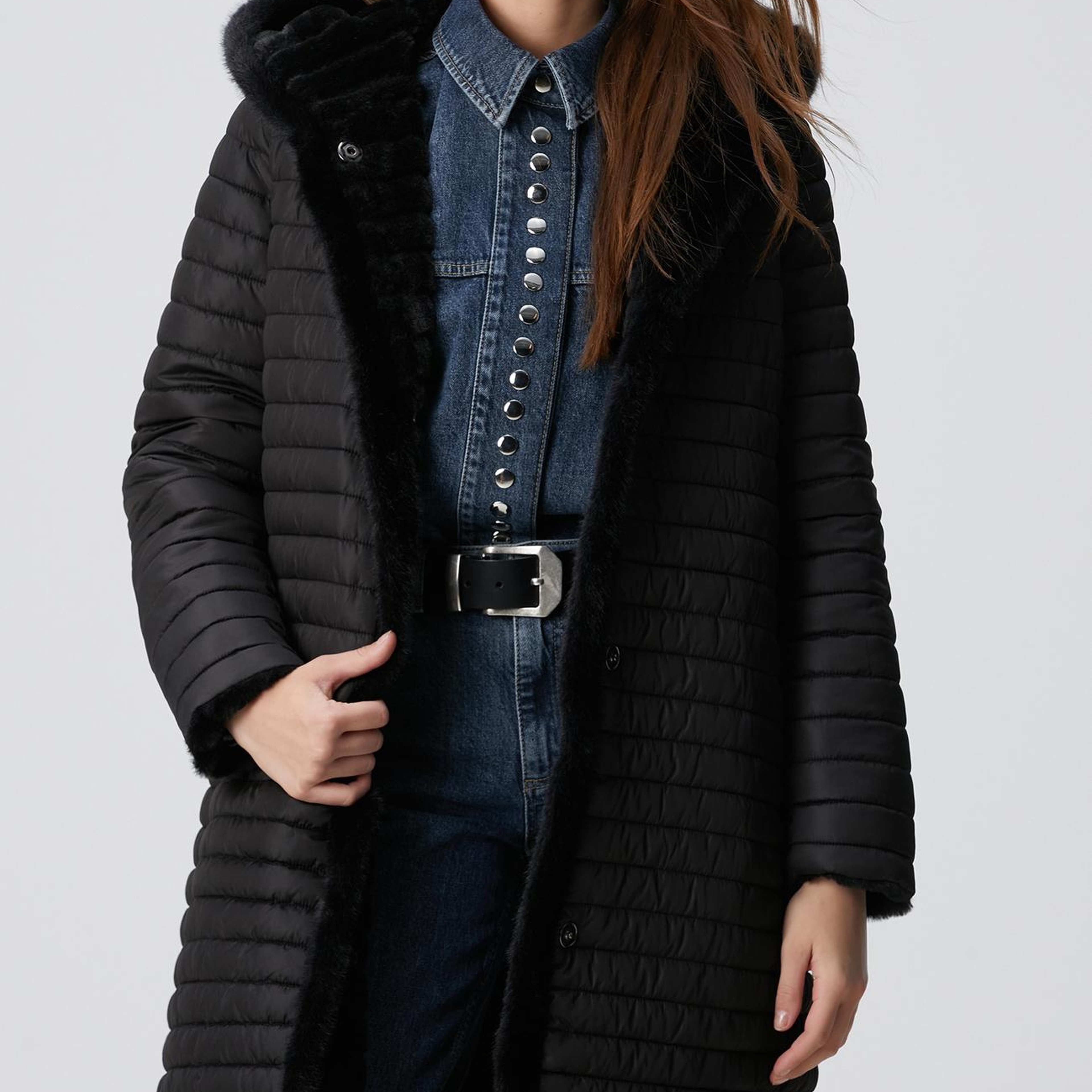 Network Kadın Siyah Çift Taraflı Kapüşonlu Kaban