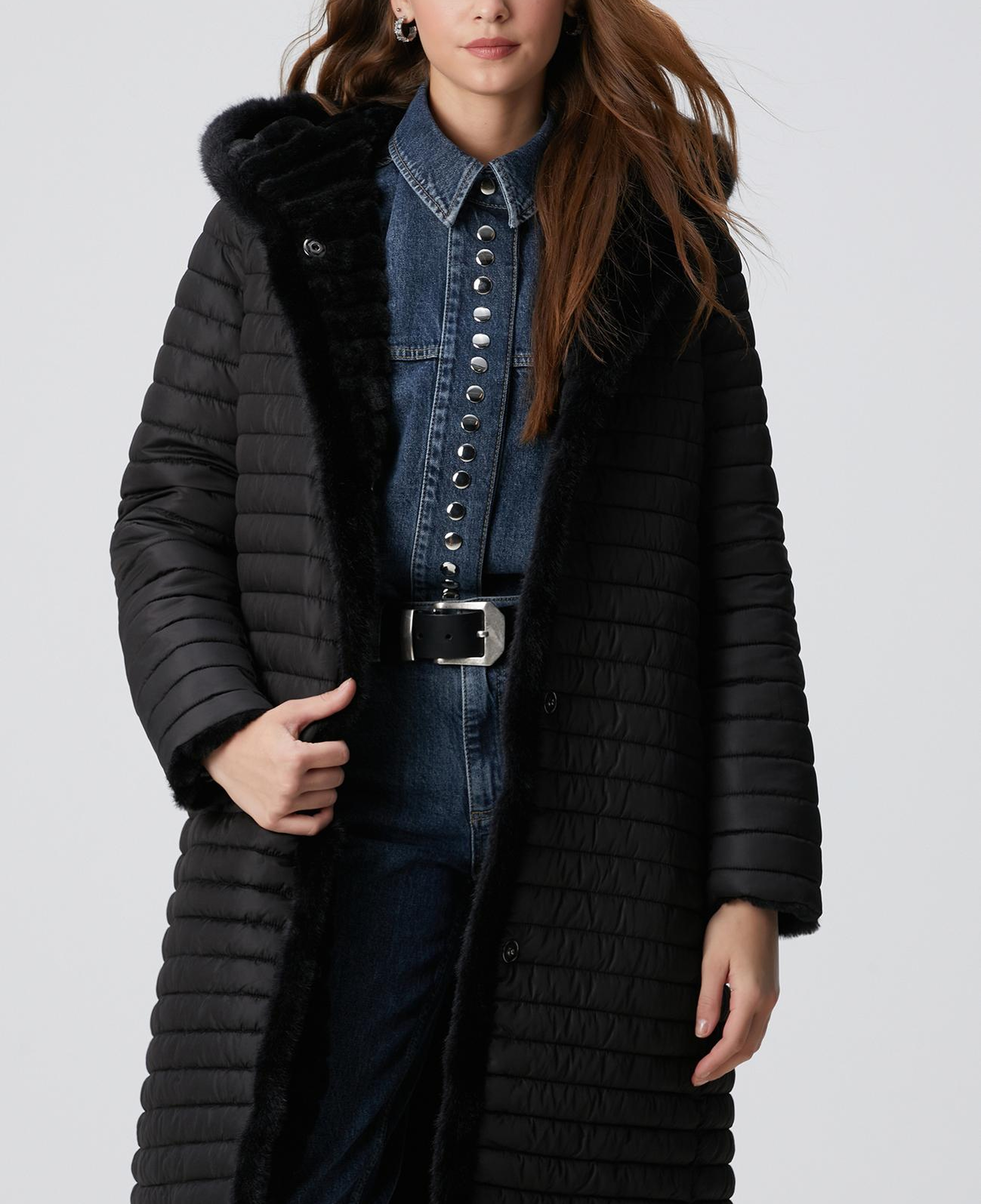 Network Kadın Siyah Çift Taraflı Kapüşonlu Kaban