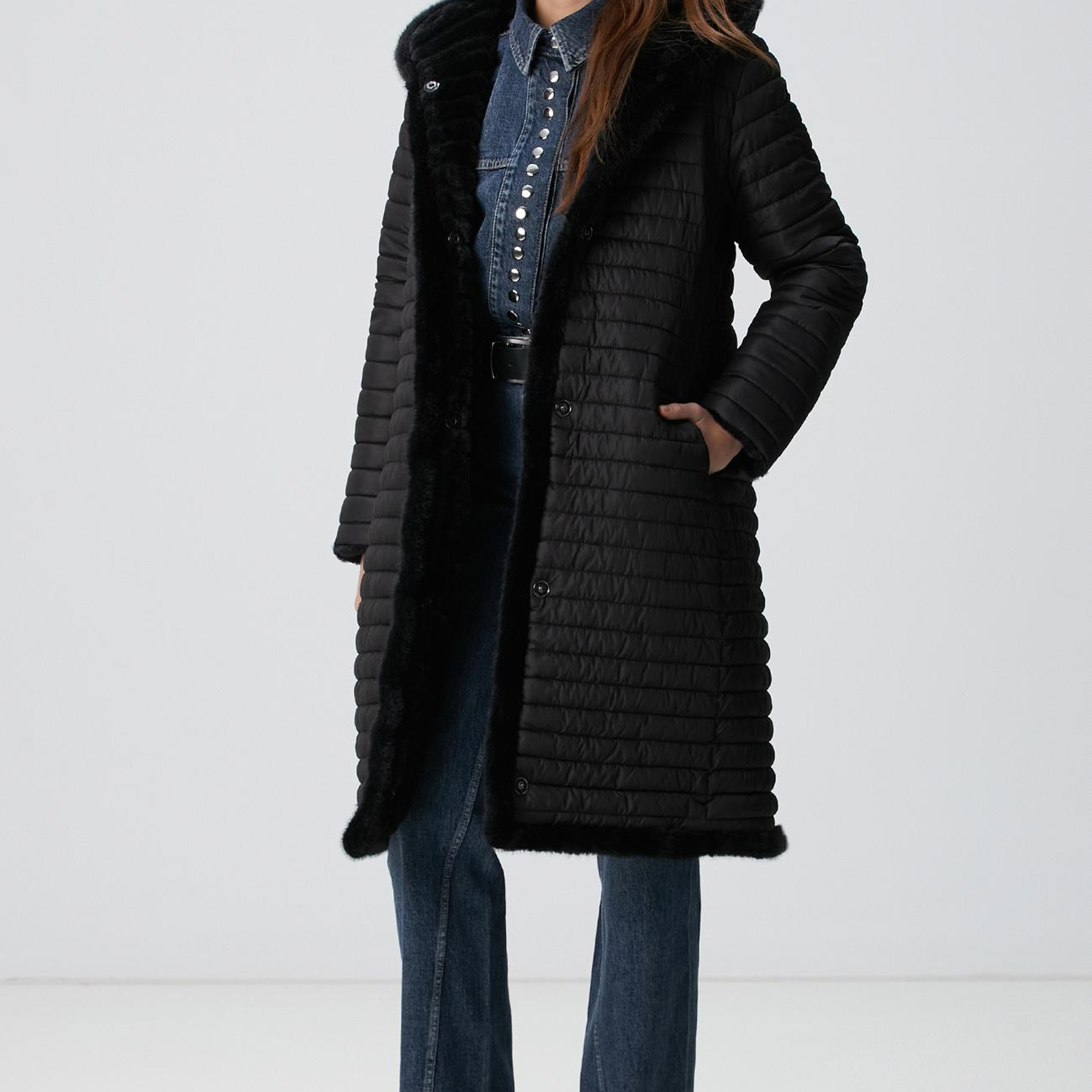 Network Kadın Siyah Çift Taraflı Kapüşonlu Kaban