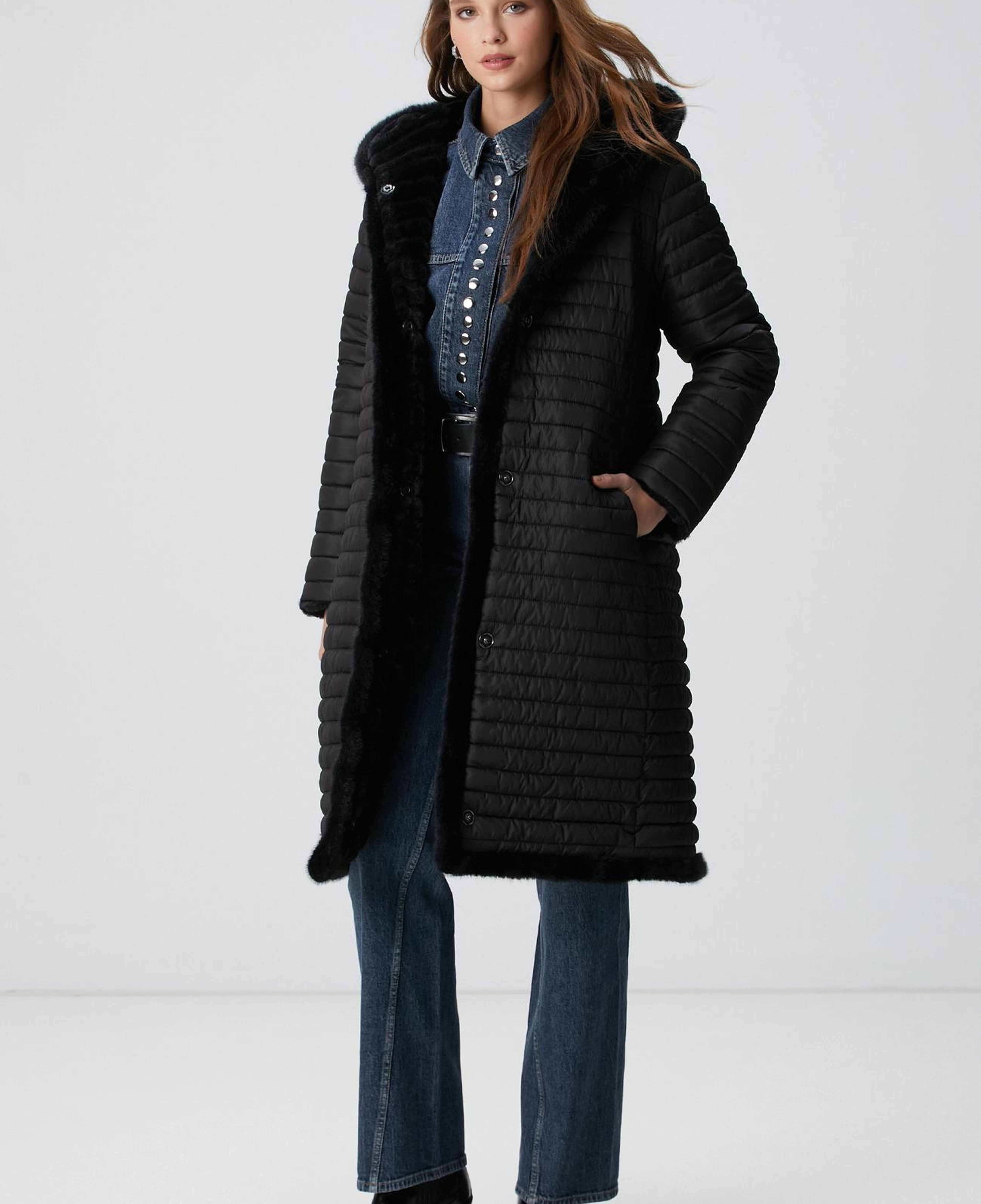 Network Kadın Siyah Çift Taraflı Kapüşonlu Kaban