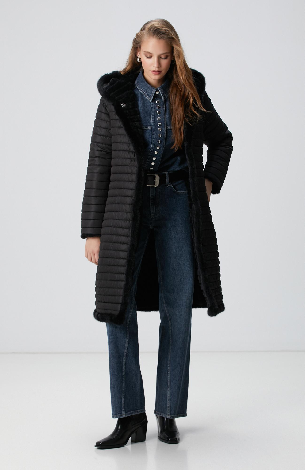 Network Kadın Siyah Çift Taraflı Kapüşonlu Kaban