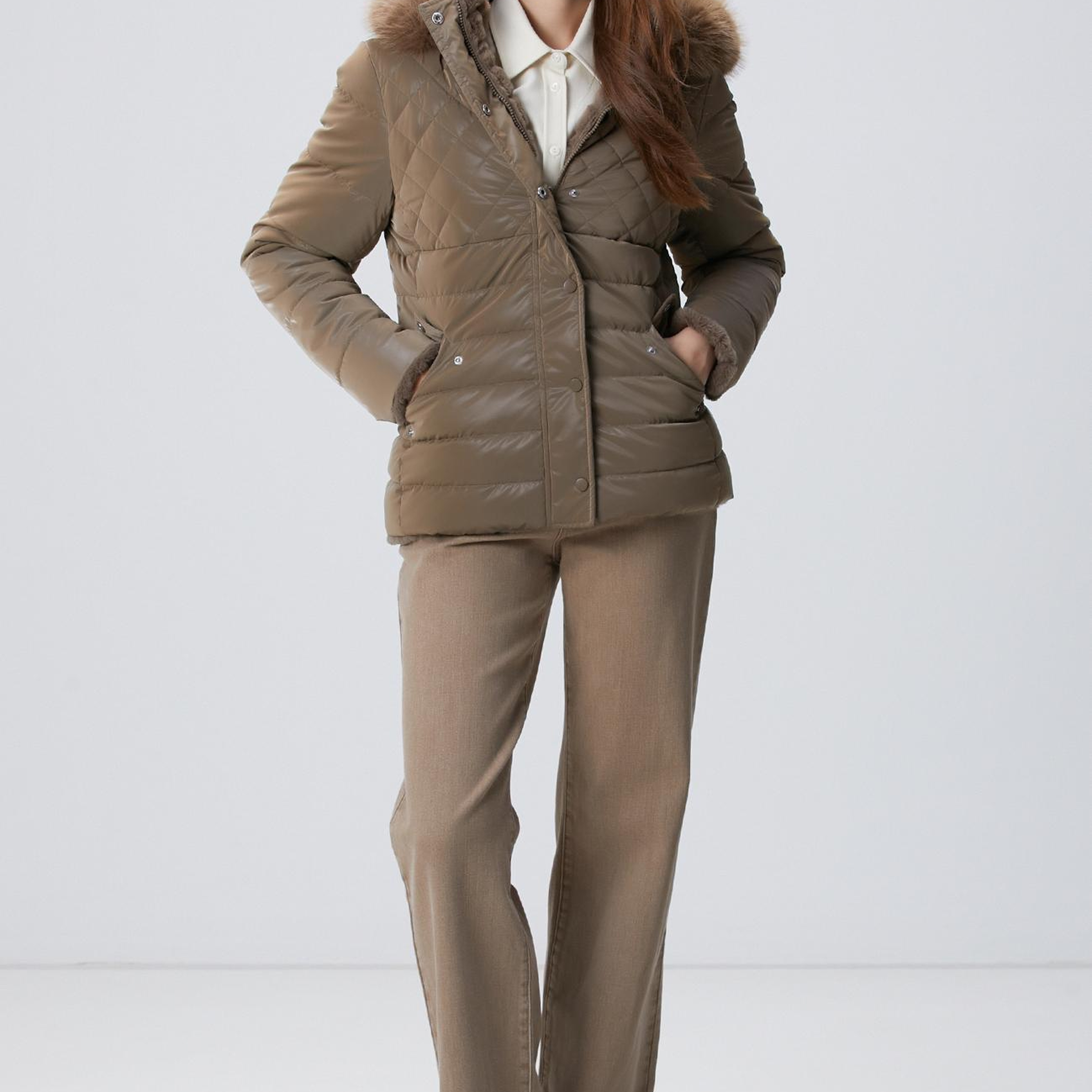 Network Kadın Koyu Bej Çift Taraflı Kapüşonlu Mont