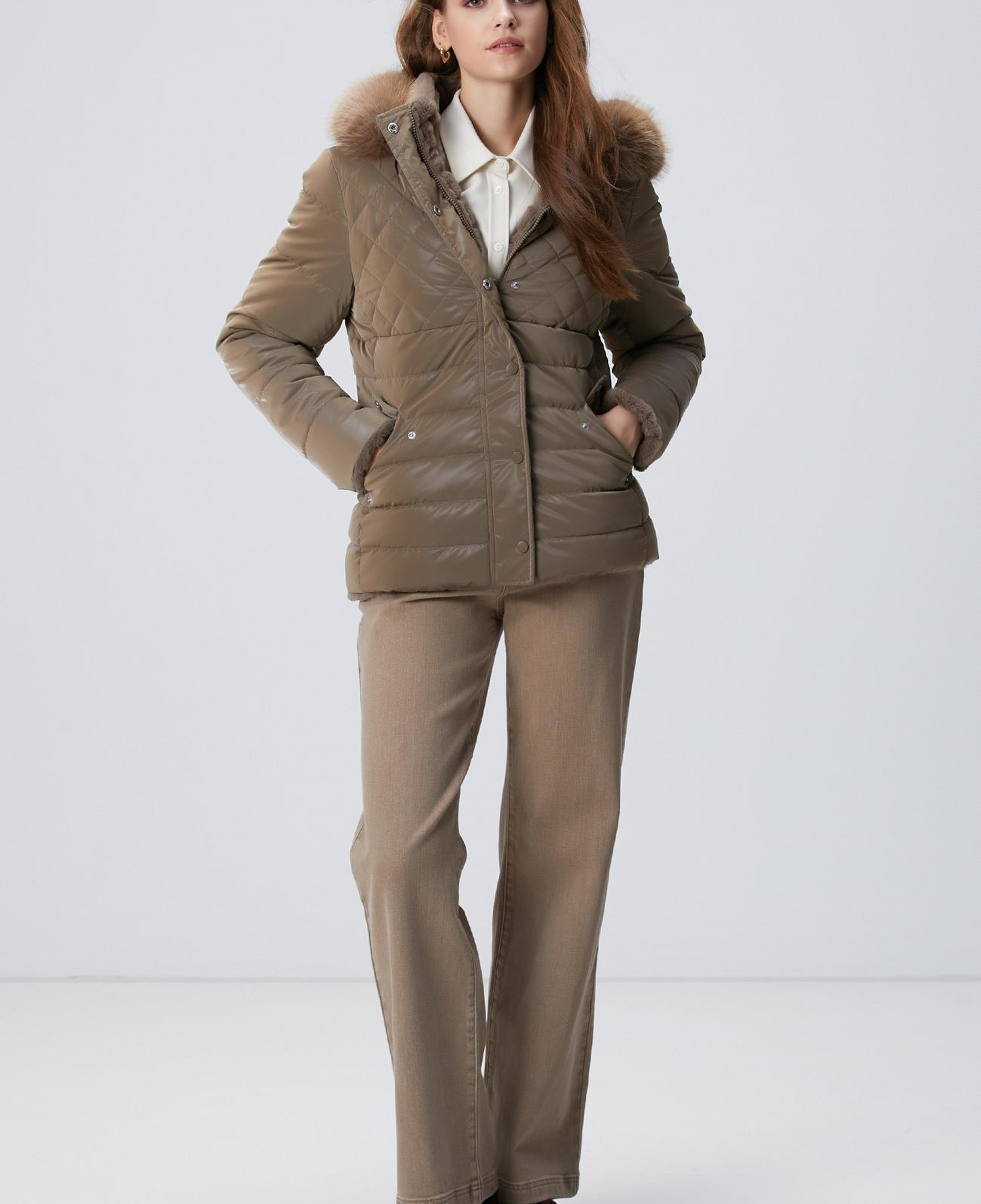 Network Kadın Koyu Bej Çift Taraflı Kapüşonlu Mont