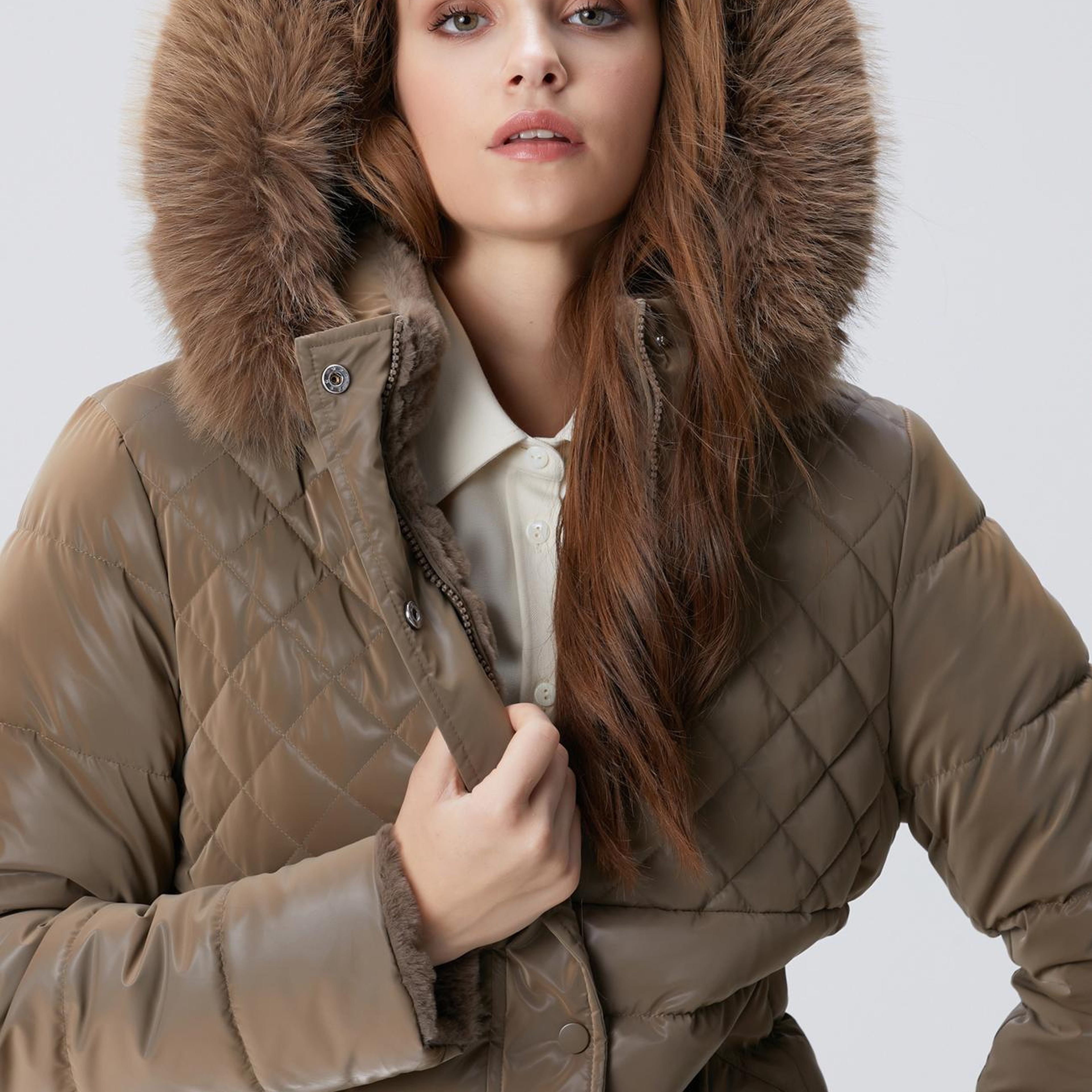 Network Kadın Koyu Bej Çift Taraflı Kapüşonlu Mont