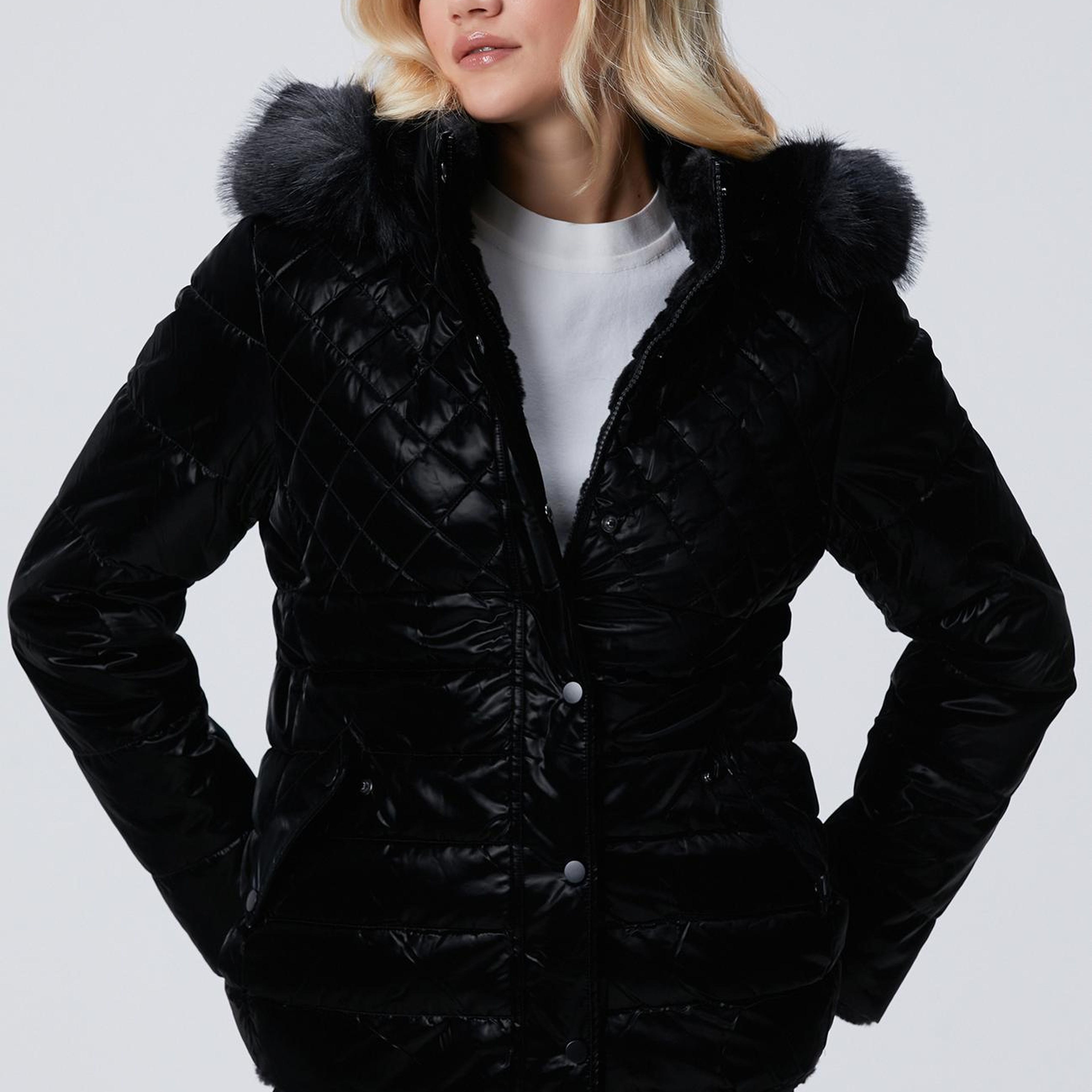 Network Kadın Siyah Çift Taraflı Kapüşonlu Mont