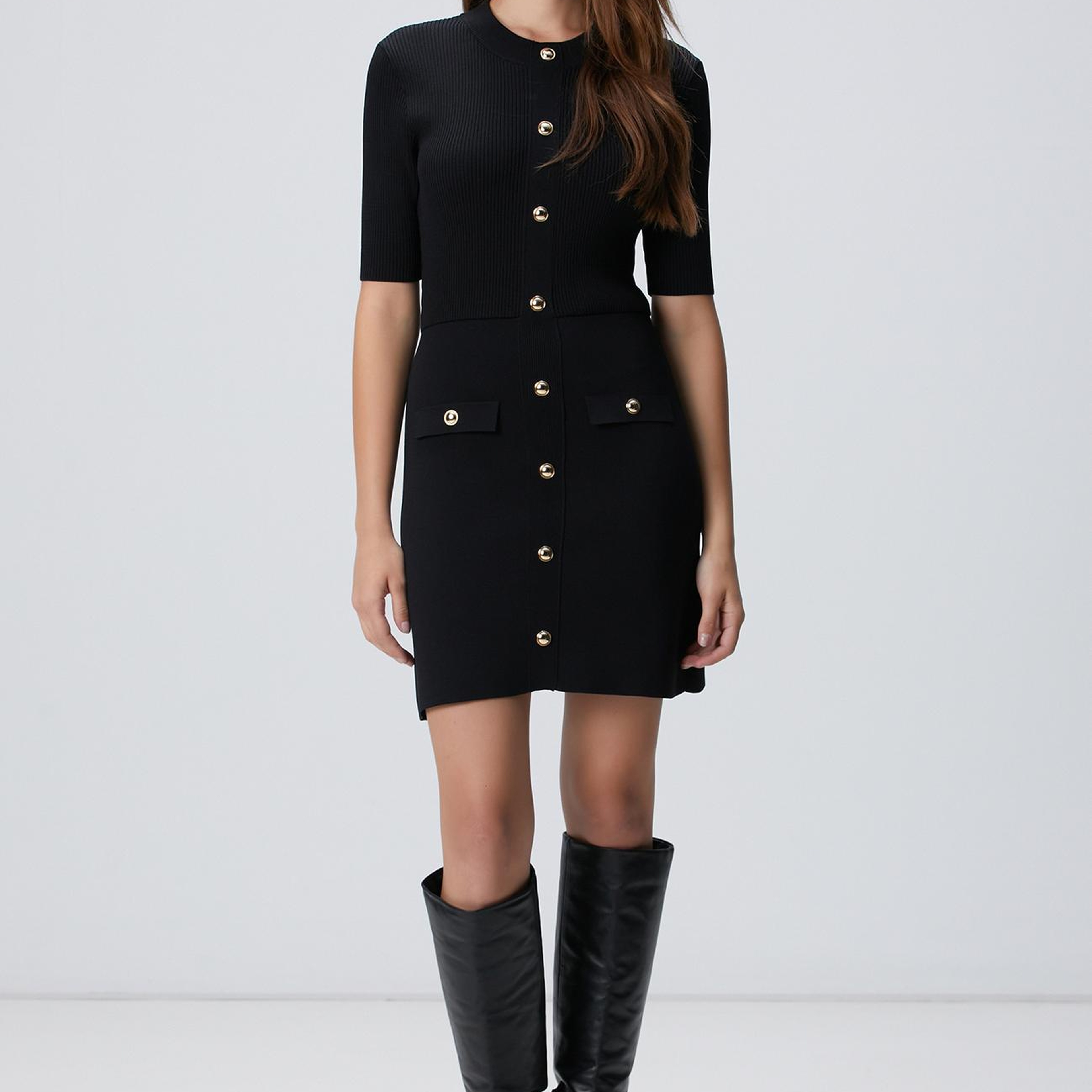 Network Kadın Siyah Düğme Detaylı Triko Elbise