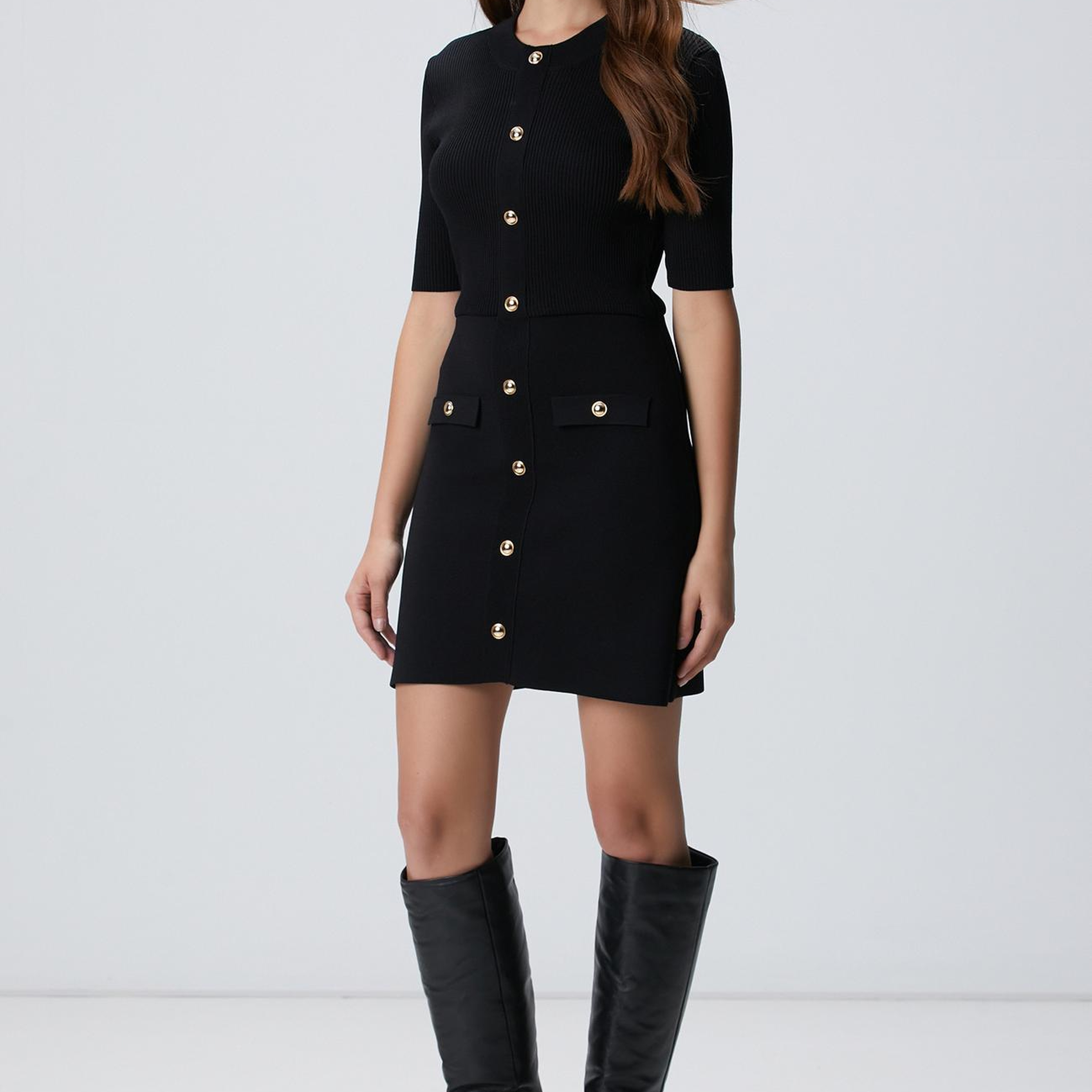 Network Kadın Siyah Düğme Detaylı Triko Elbise