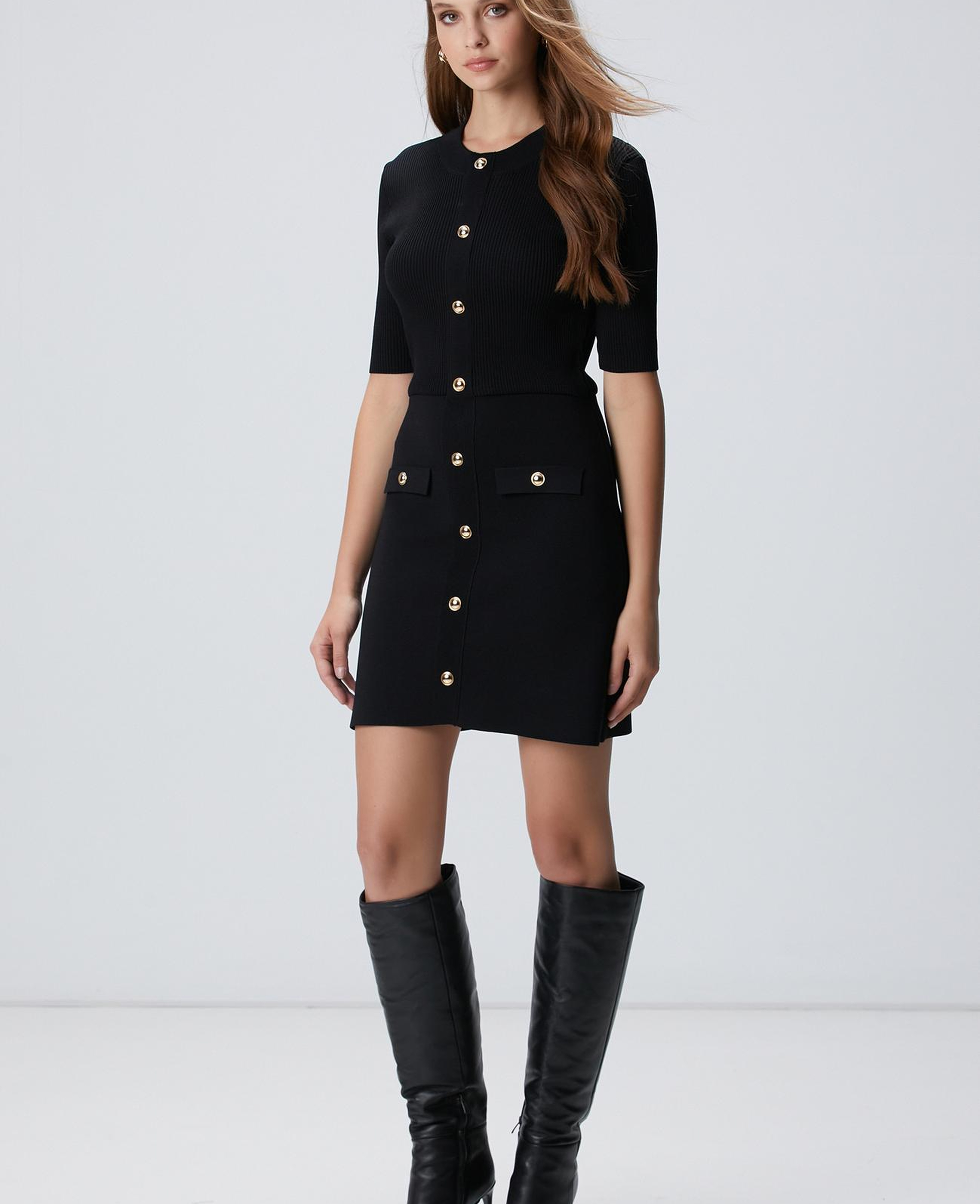Network Kadın Siyah Düğme Detaylı Triko Elbise