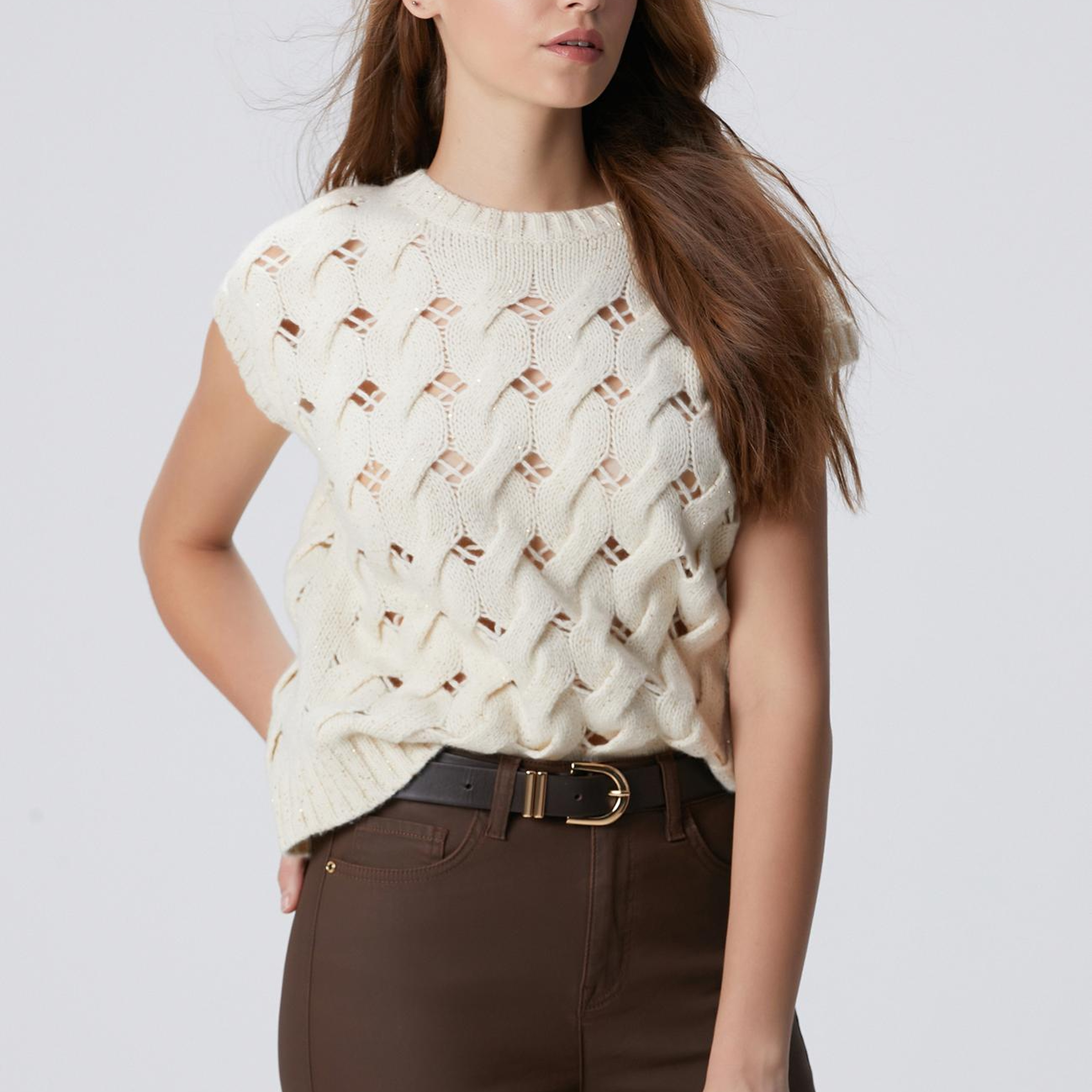 Network Kadın Kırık Beyaz Yün Karışımlı Saç Örgü Kazak