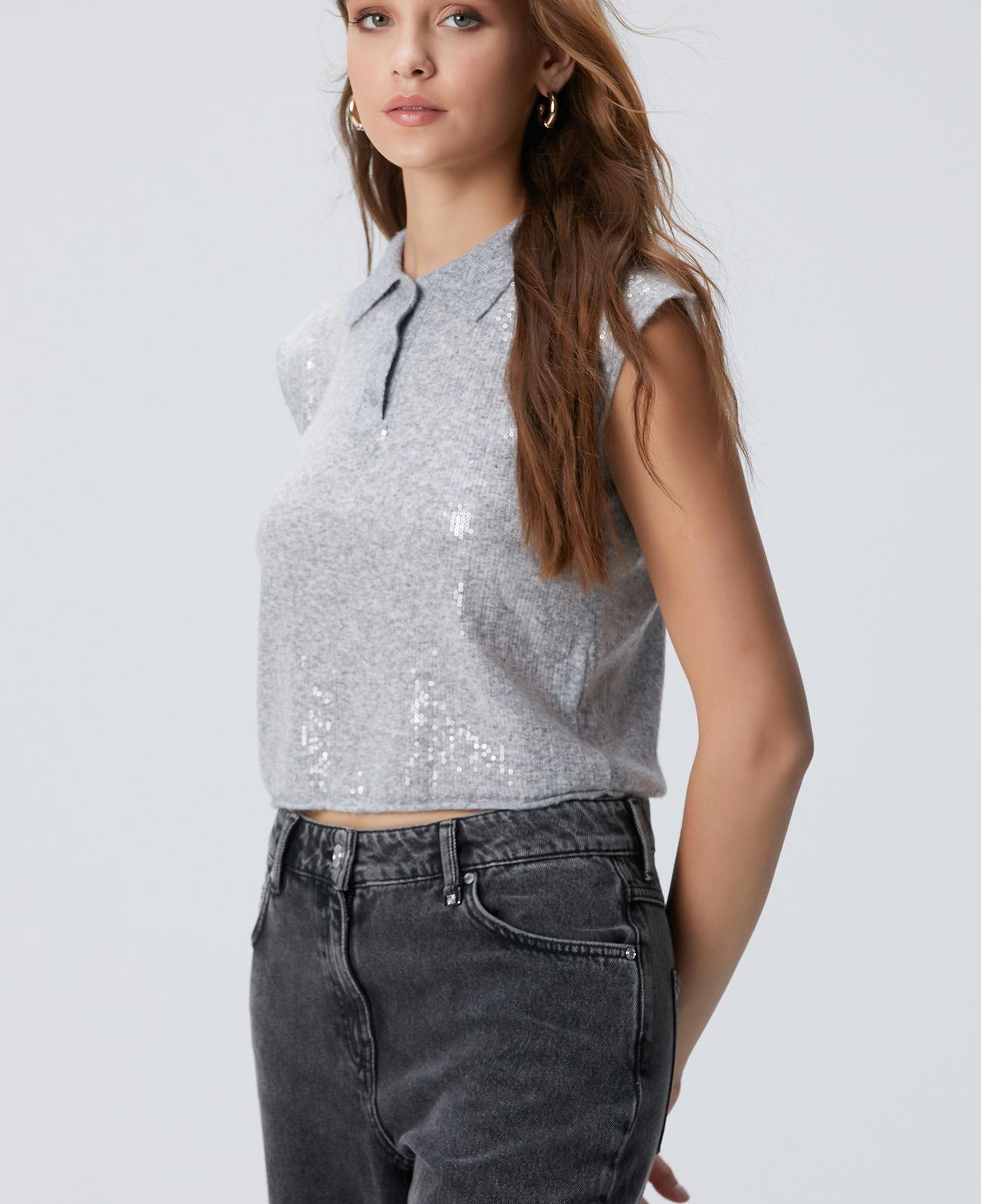 Network Kadın Açık Gri Melanj Payetli Triko Kazak