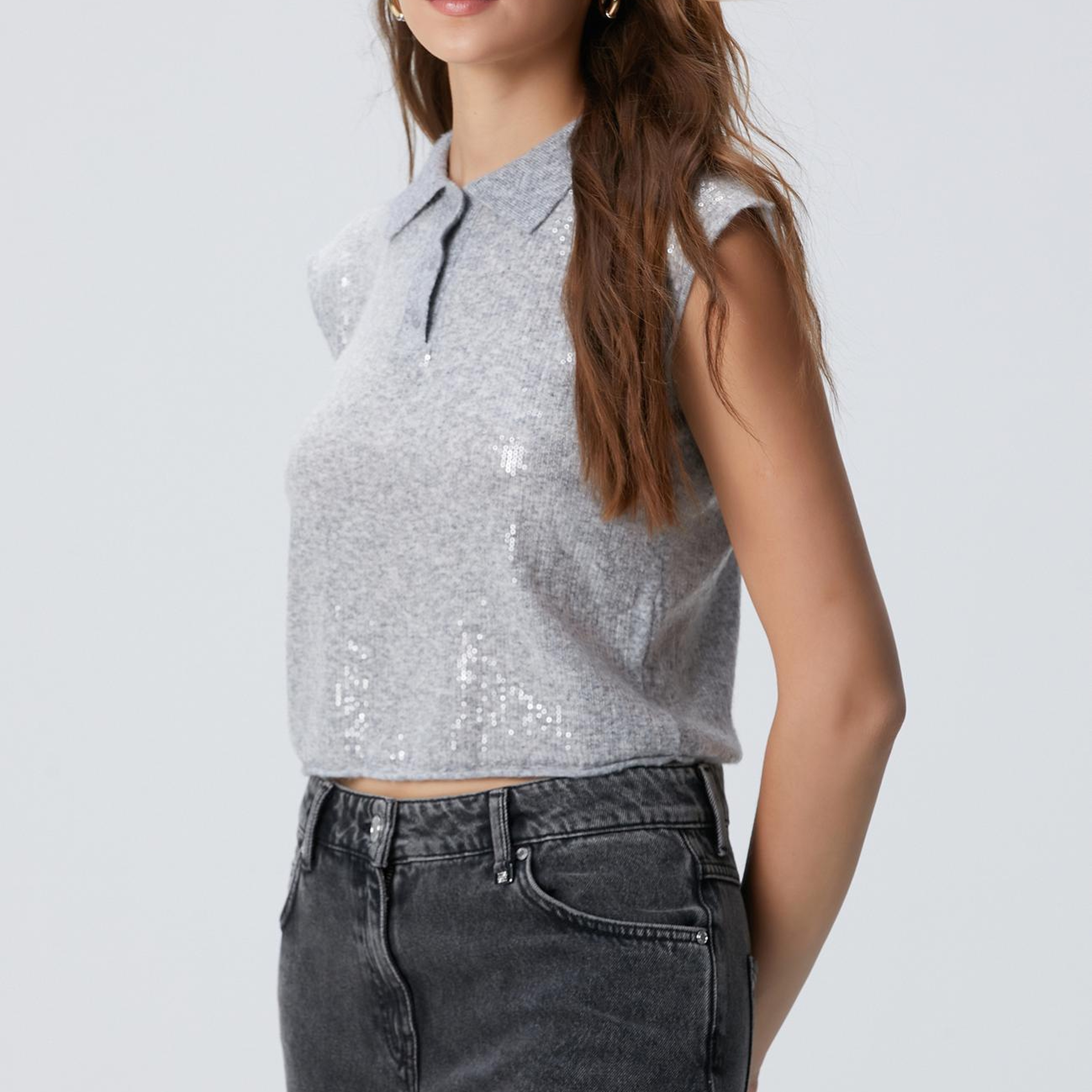 Network Kadın Açık Gri Melanj Payetli Triko Kazak