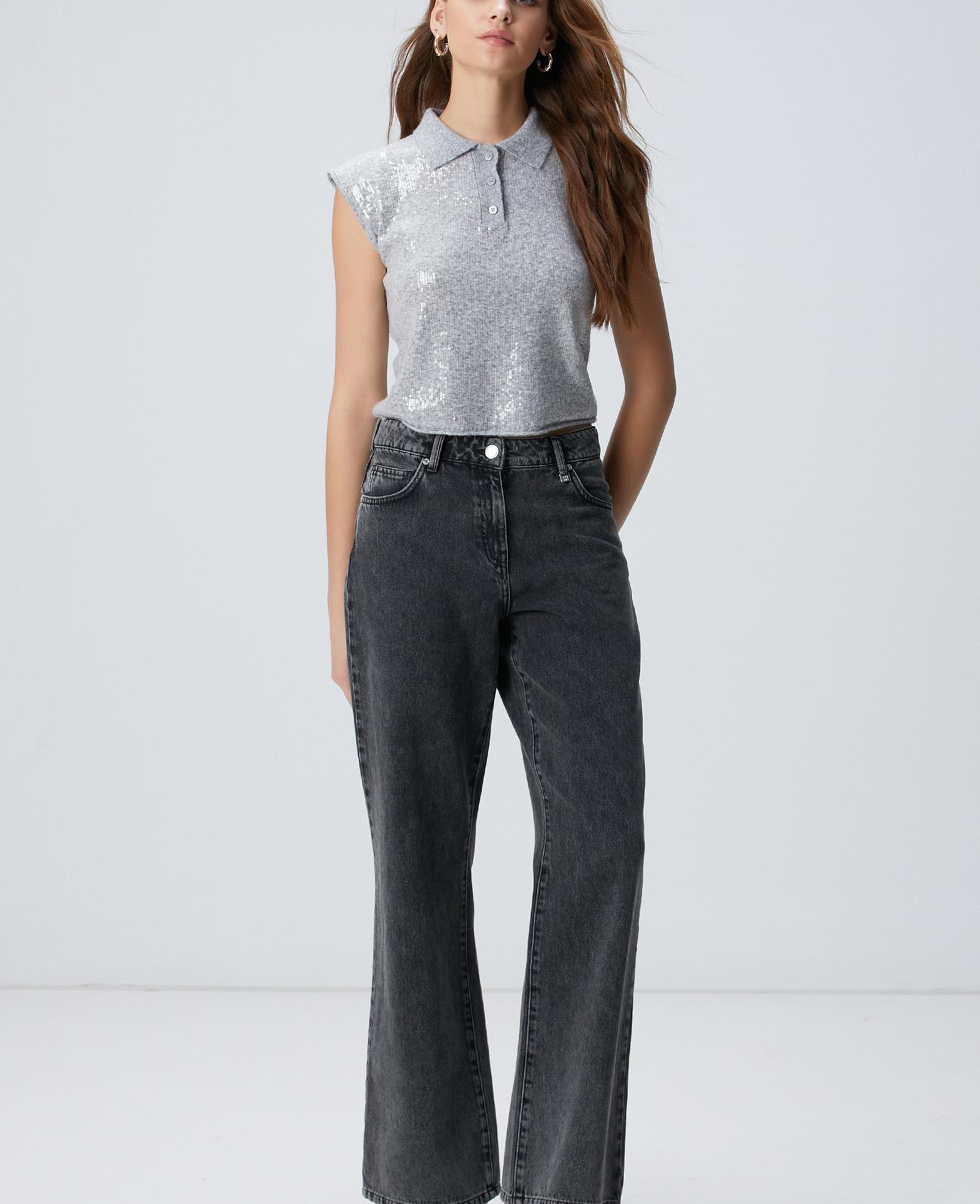 Network Kadın Açık Gri Melanj Payetli Triko Kazak